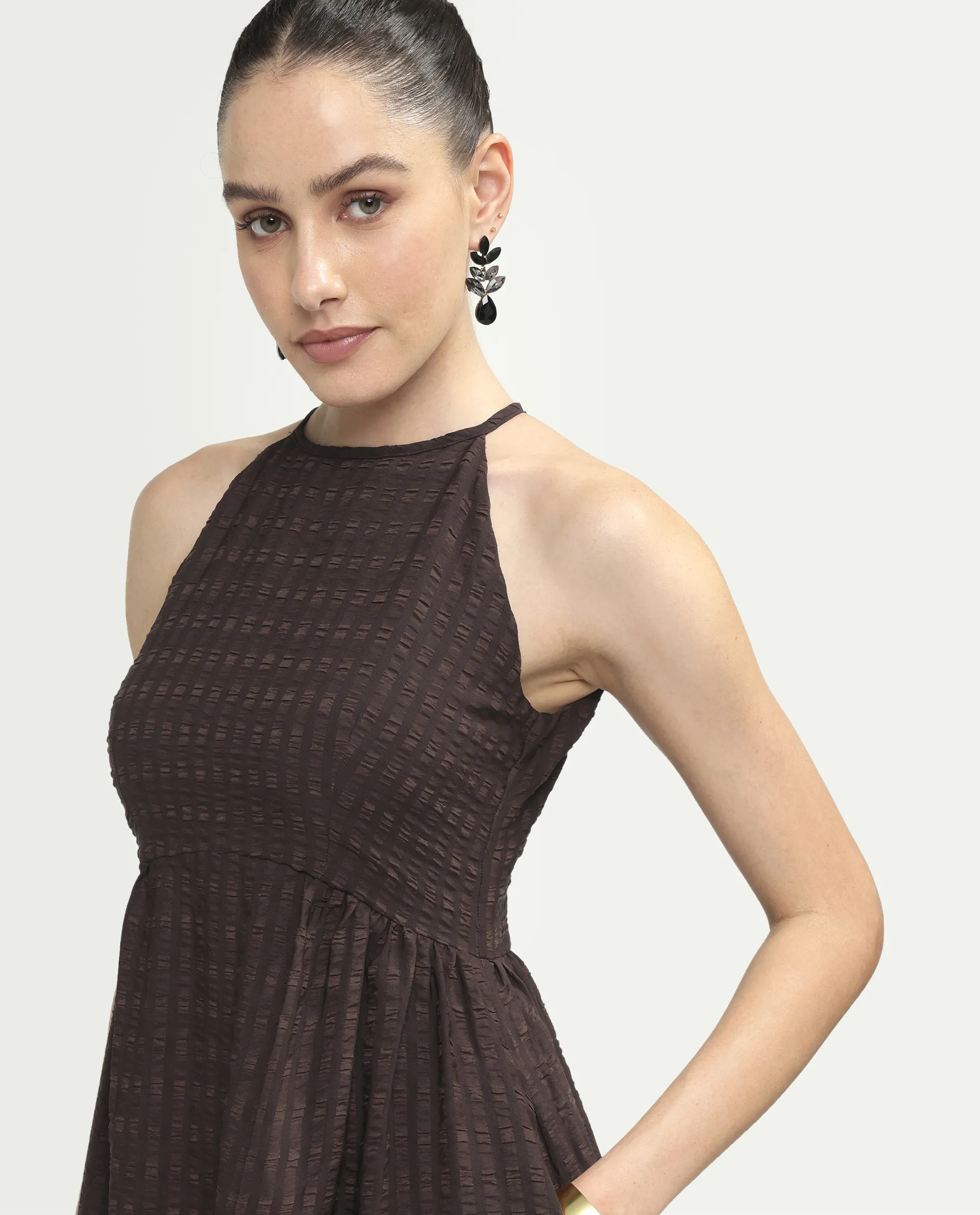 Rareism Women's Veant Brown Polyester Sleeveless Halter Neck Fit And Flare Plain Dress - Image 4