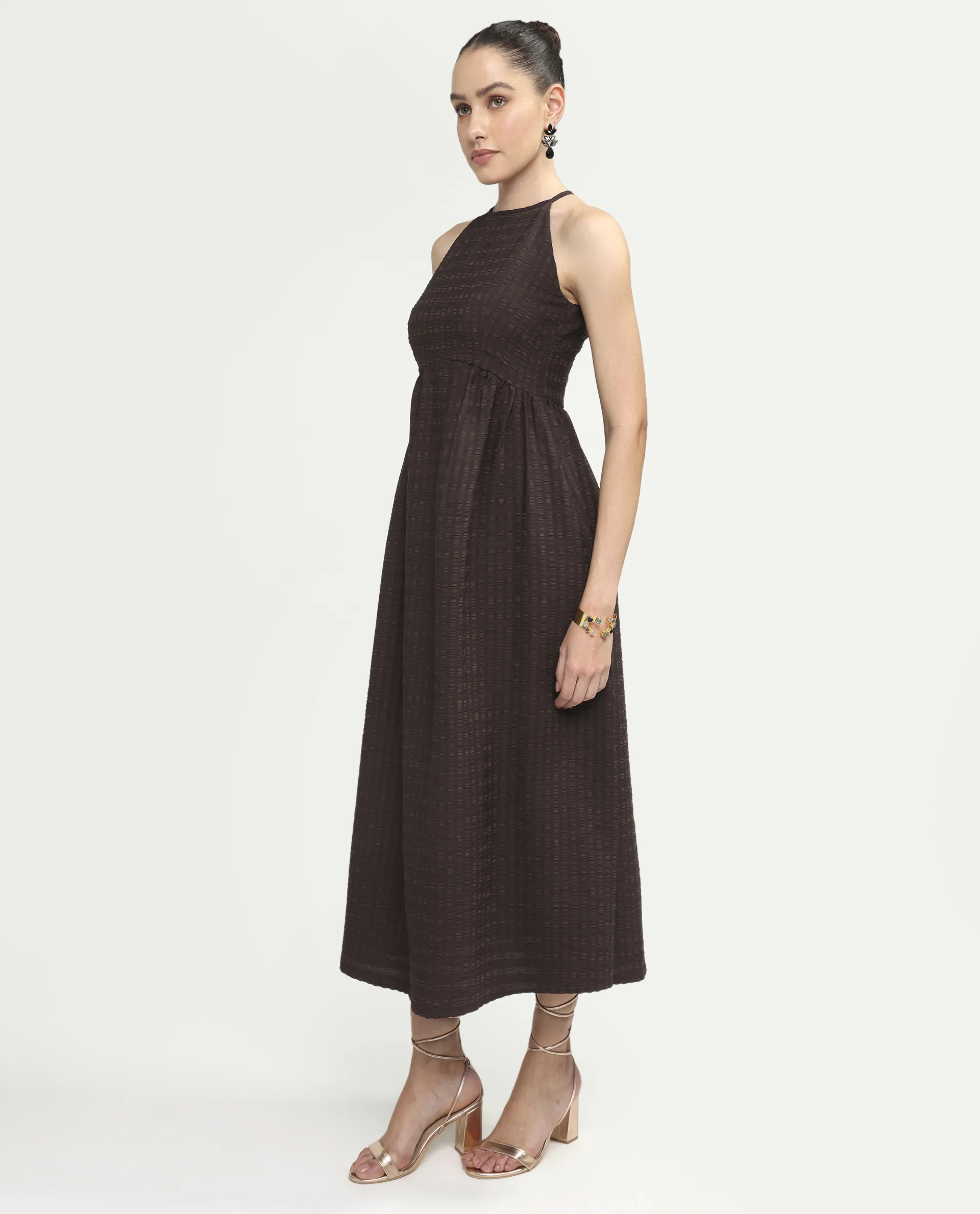 Rareism Women's Veant Brown Polyester Sleeveless Halter Neck Fit And Flare Plain Dress - Image 5