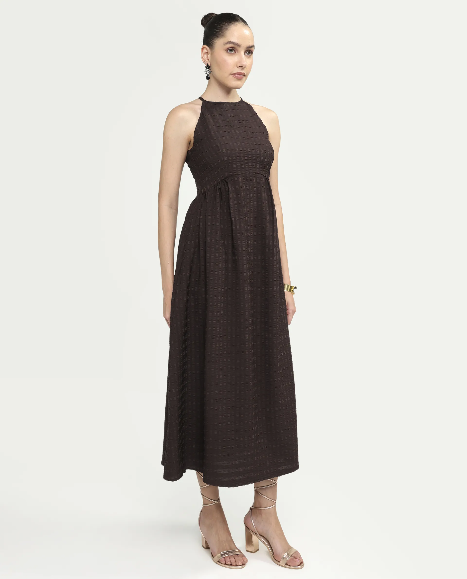 Rareism Women's Veant Brown Polyester Sleeveless Halter Neck Fit And Flare Plain Dress - Image 6