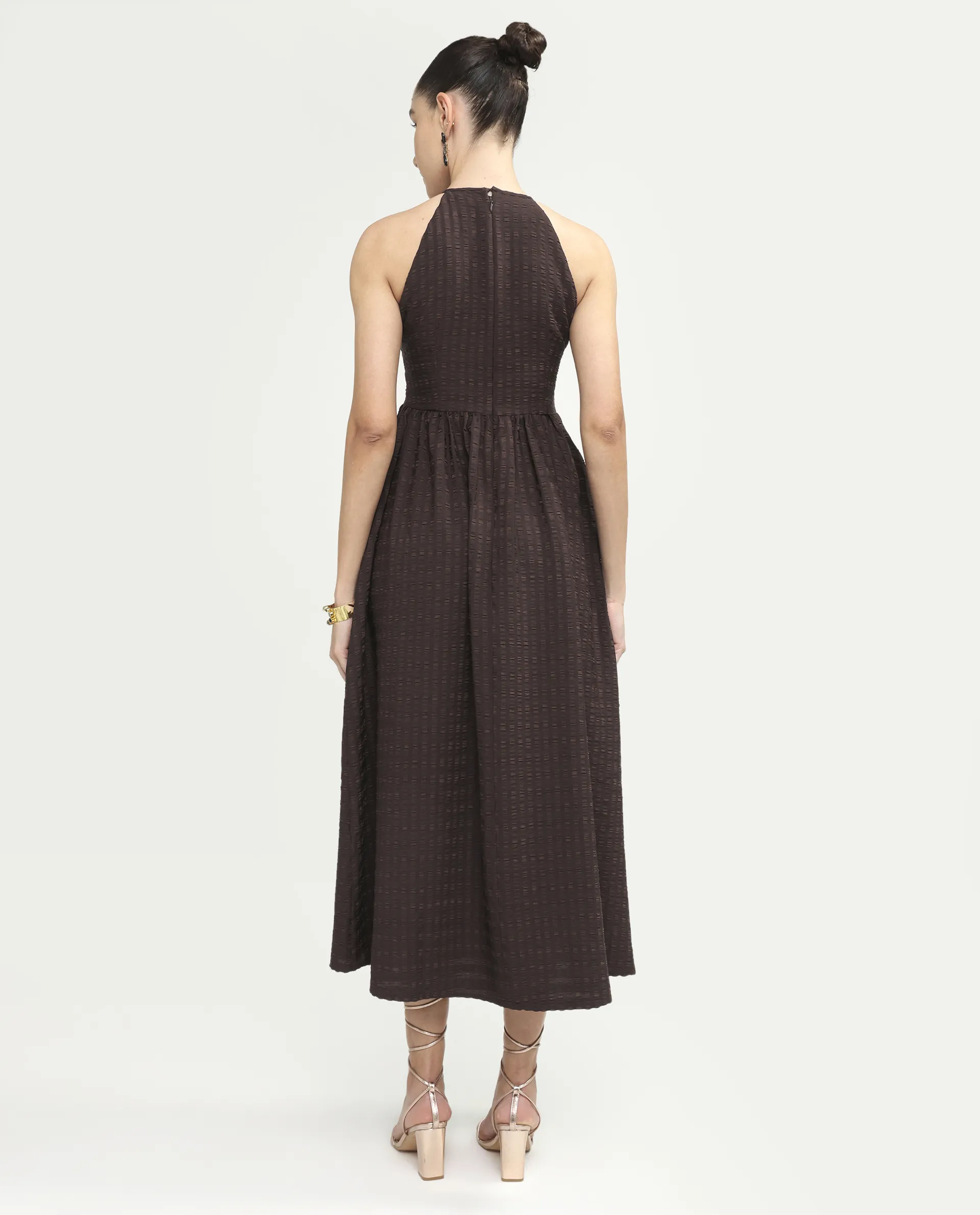 Rareism Women's Veant Brown Polyester Sleeveless Halter Neck Fit And Flare Plain Dress - Image 7