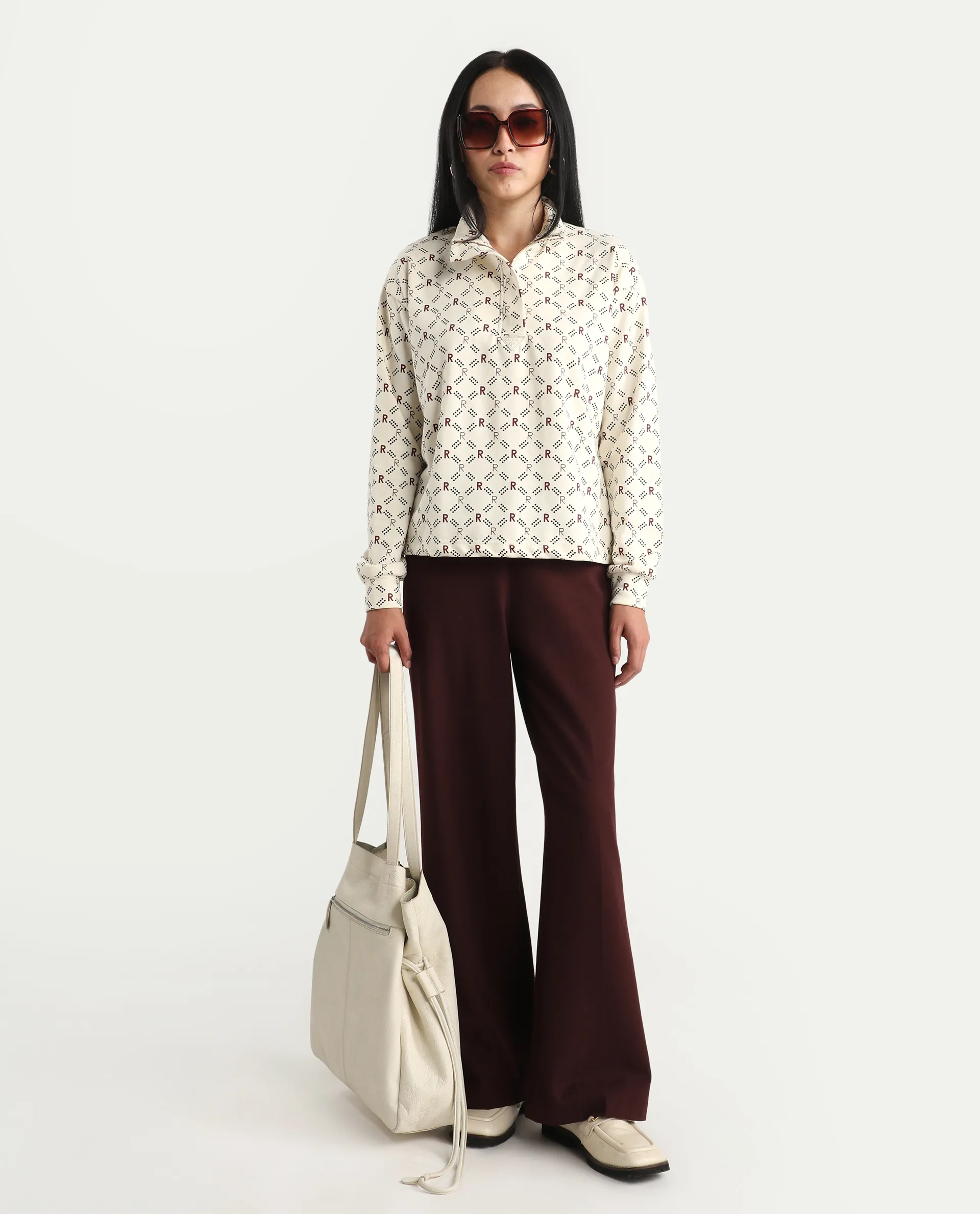Rareism Women's Vecna Beige Polyester Blend Spread Collar Monogram Print Relaxed Fit Sweatshirt - Image 2