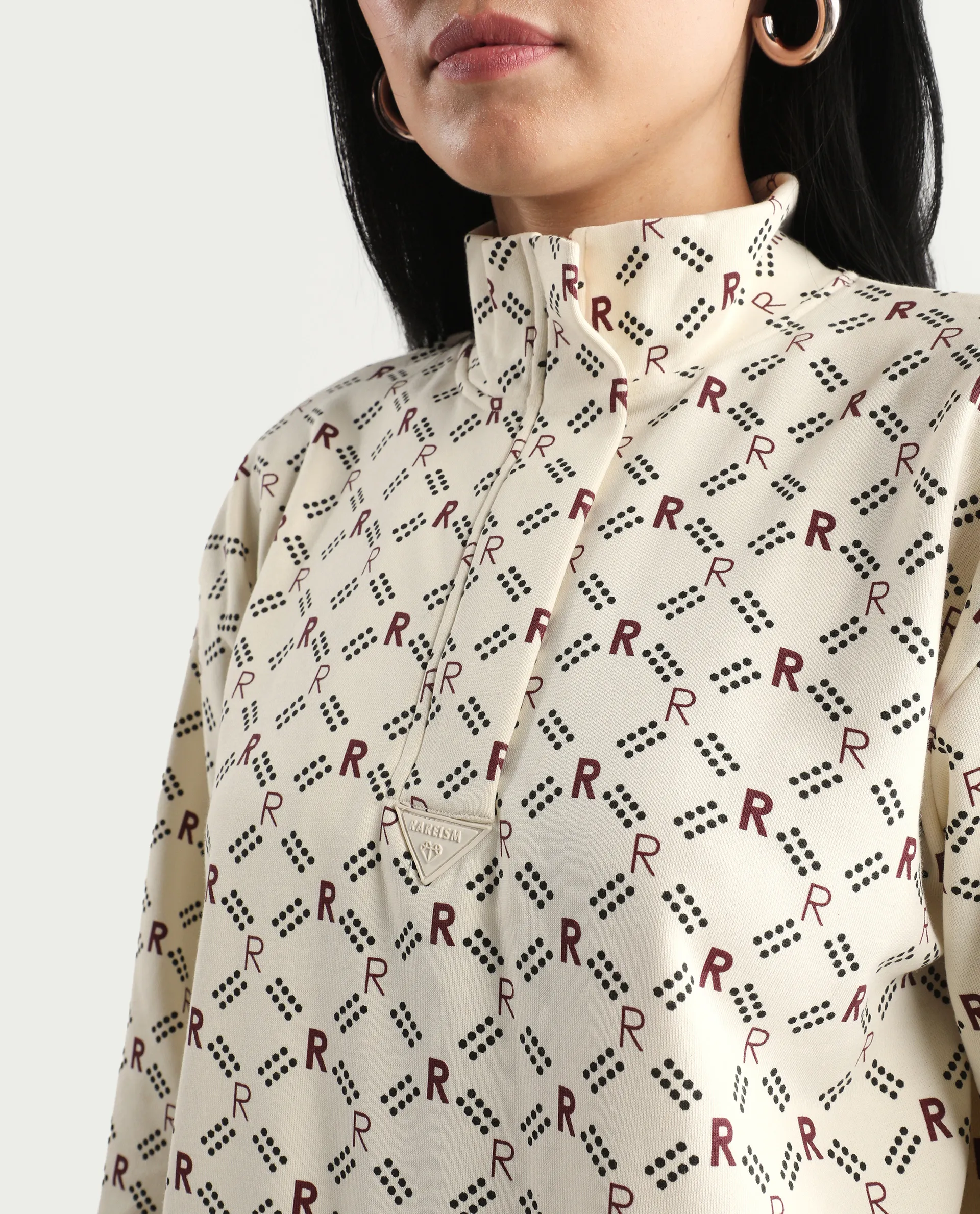 Rareism Women's Vecna Beige Polyester Blend Spread Collar Monogram Print Relaxed Fit Sweatshirt - Image 3