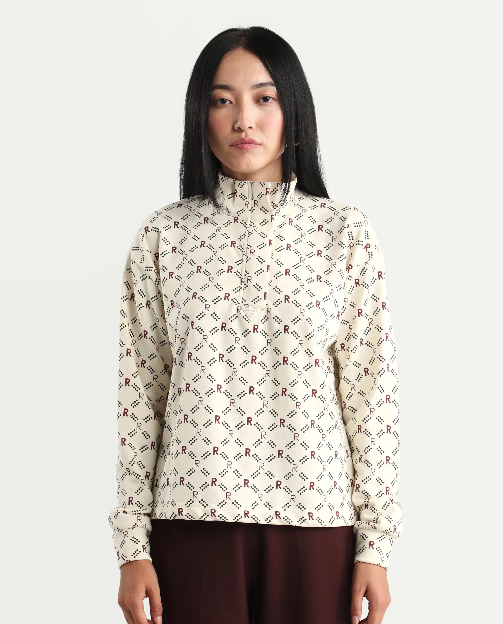 Rareism Women's Vecna Beige Polyester Blend Spread Collar Monogram Print Relaxed Fit Sweatshirt - Image 4