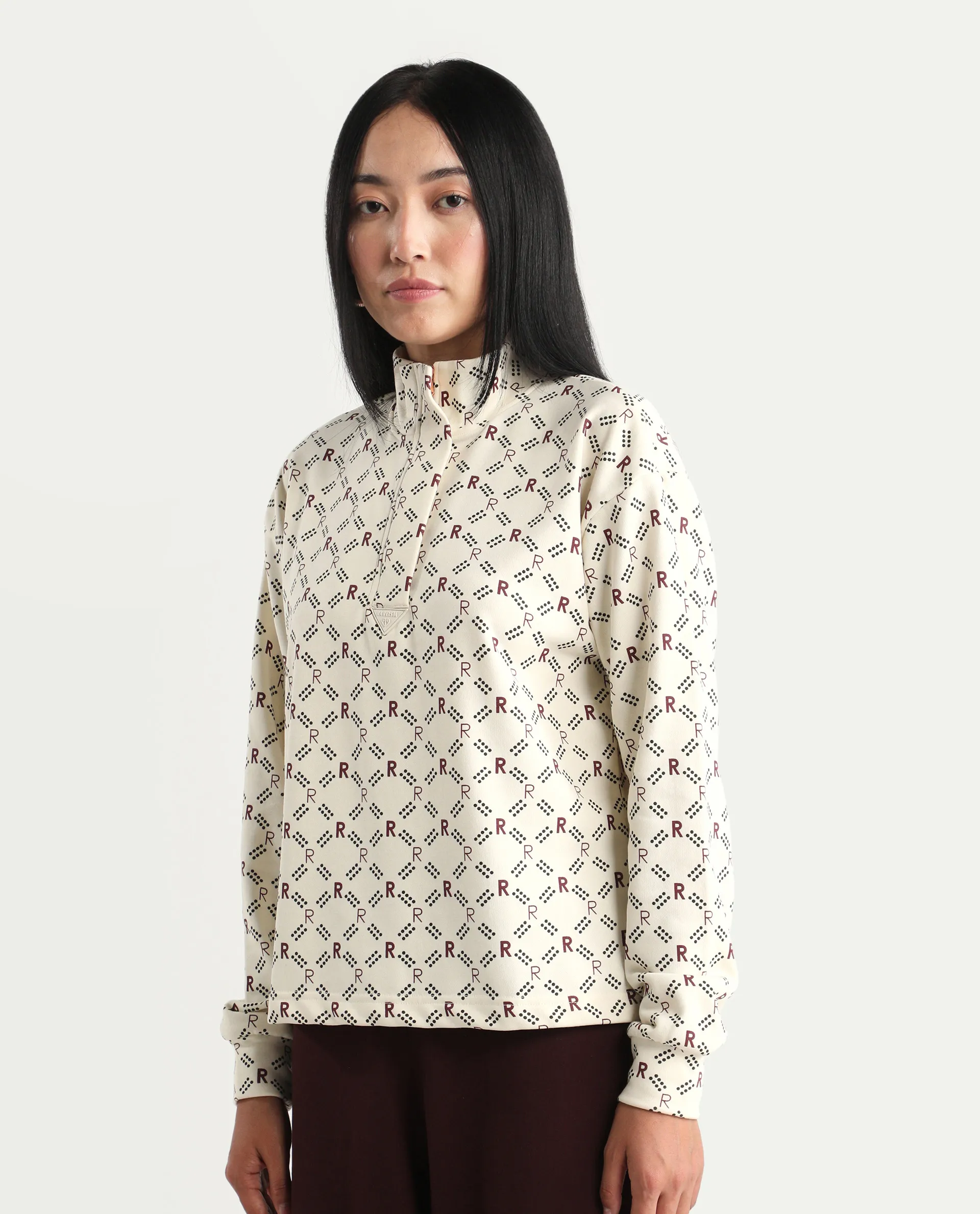 Rareism Women's Vecna Beige Polyester Blend Spread Collar Monogram Print Relaxed Fit Sweatshirt - Image 5