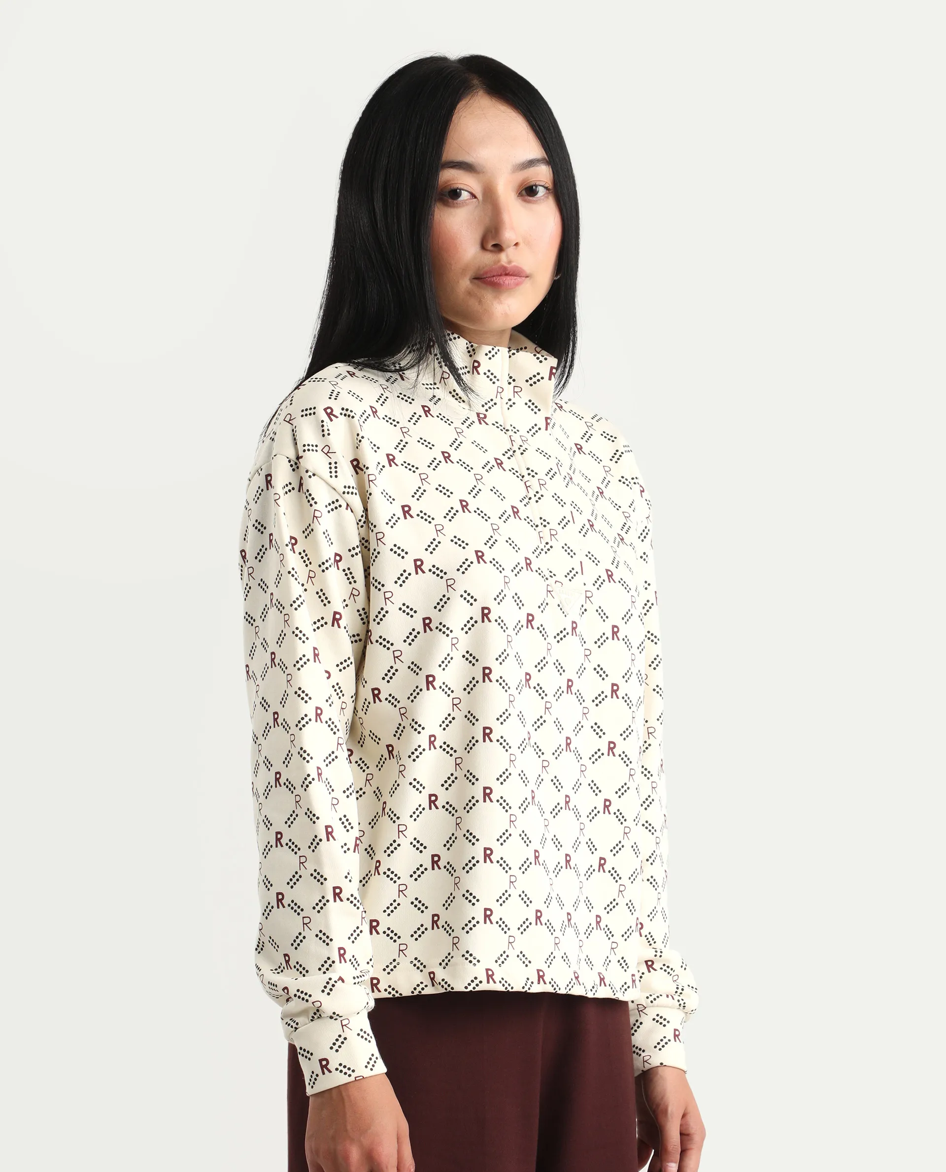 Rareism Women's Vecna Beige Polyester Blend Spread Collar Monogram Print Relaxed Fit Sweatshirt - Image 6