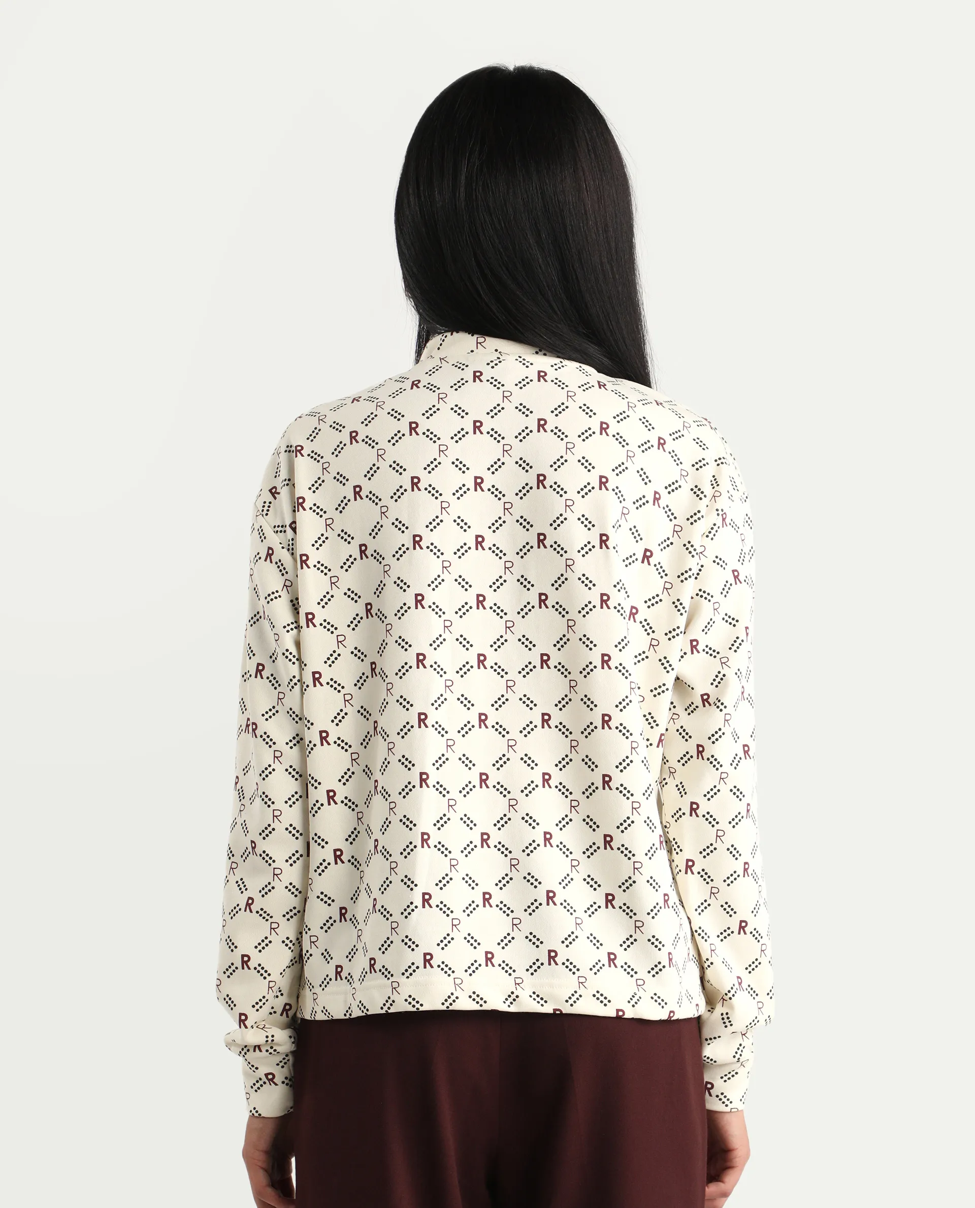 Rareism Women's Vecna Beige Polyester Blend Spread Collar Monogram Print Relaxed Fit Sweatshirt - Image 7