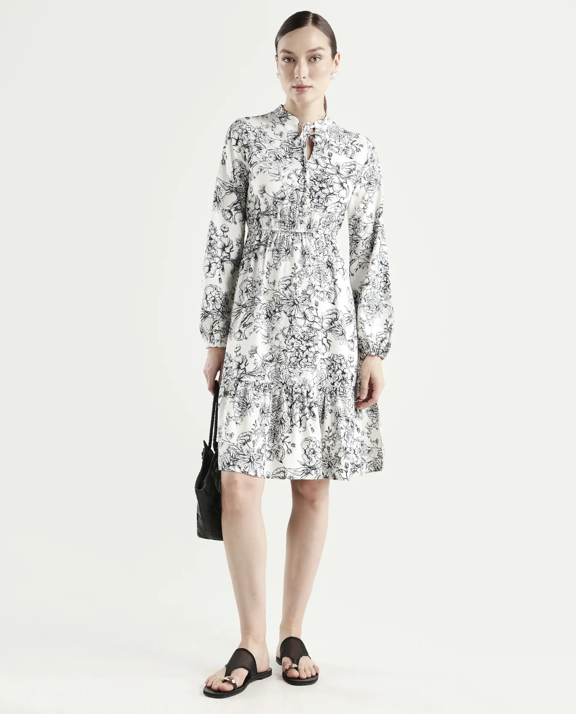 Rareism Women's Veden White Viscose Full Sleeve Flared Floral Print Dress - Image 2