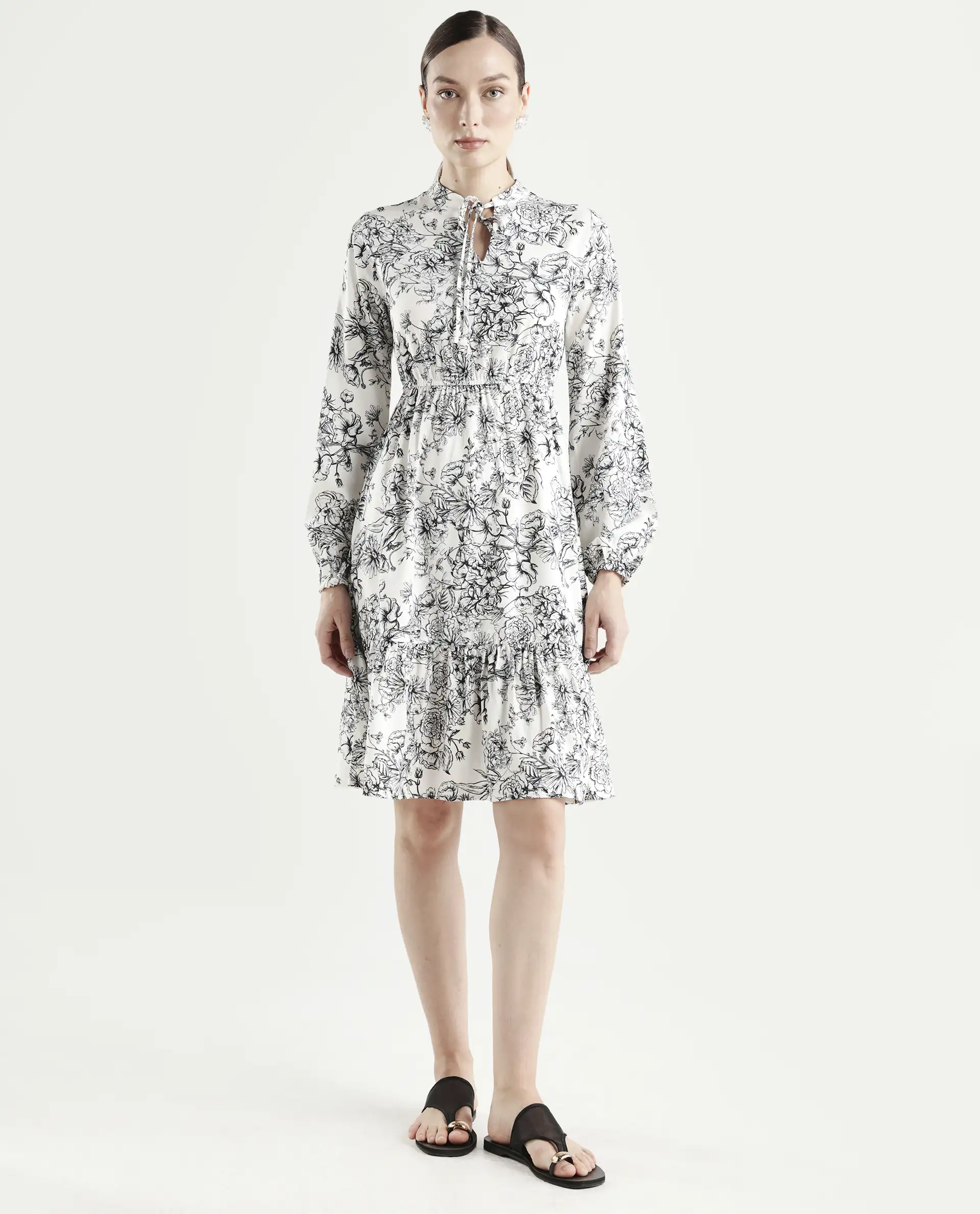 Rareism Women's Veden White Viscose Full Sleeve Flared Floral Print Dress - Image 3