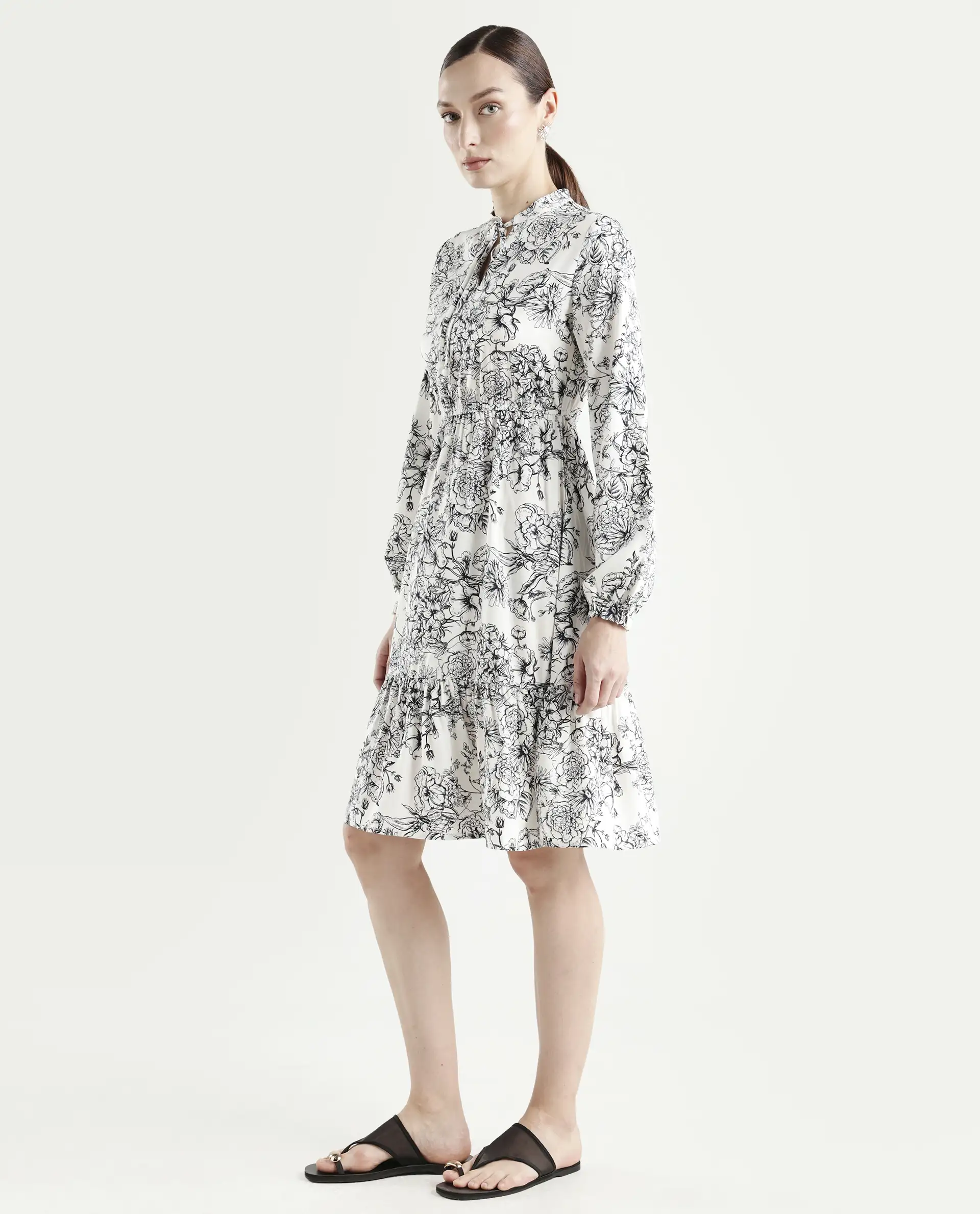 Rareism Women's Veden White Viscose Full Sleeve Flared Floral Print Dress - Image 5