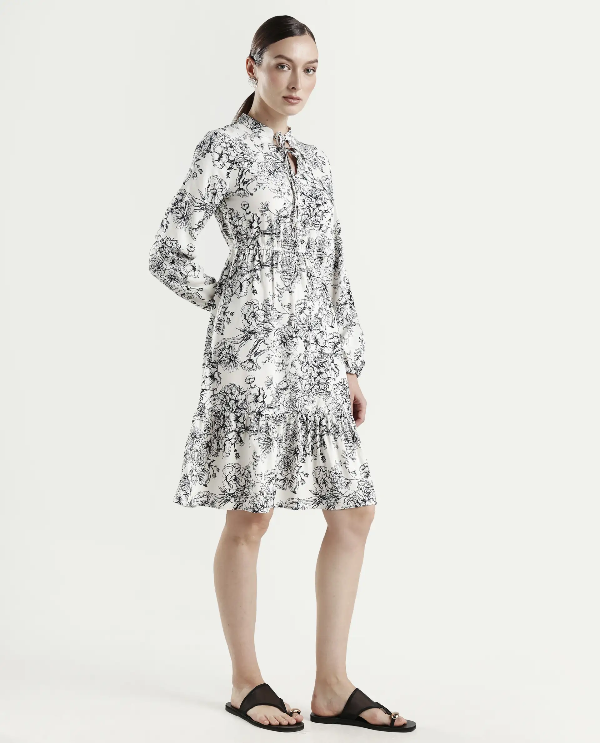 Rareism Women's Veden White Viscose Full Sleeve Flared Floral Print Dress - Image 6