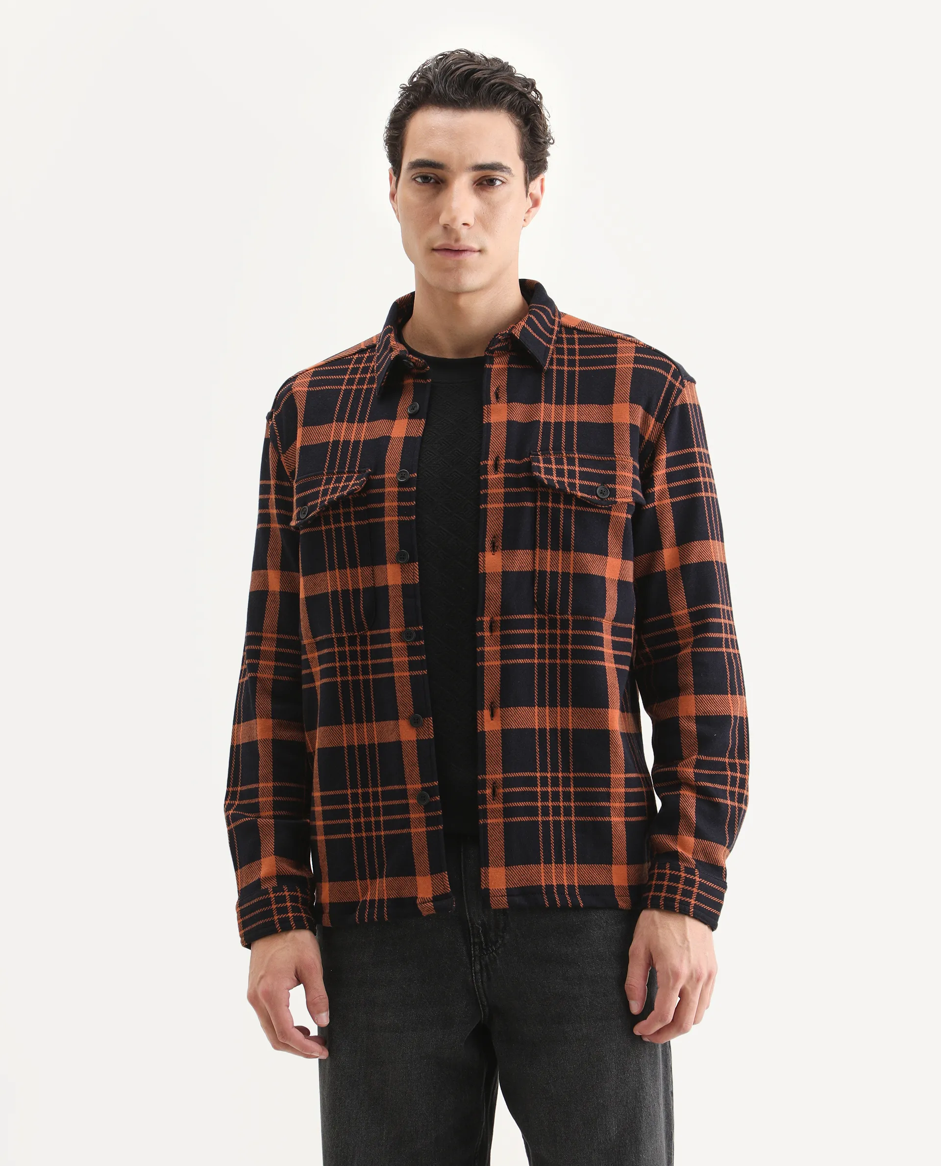 Rare Rabbit Men's Vega Black Cotton Checked Print Relaxed Fit Full Sleeve Collared Shacket - Image 3