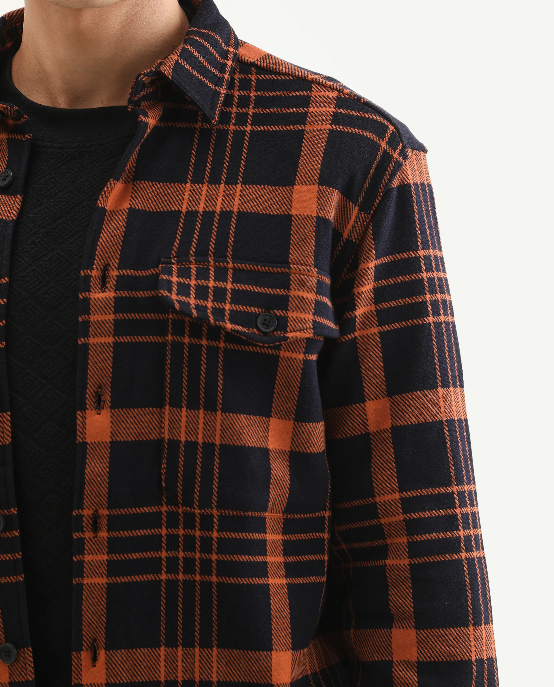 Rare Rabbit Men's Vega Black Cotton Checked Print Relaxed Fit Full Sleeve Collared Shacket - Image 4
