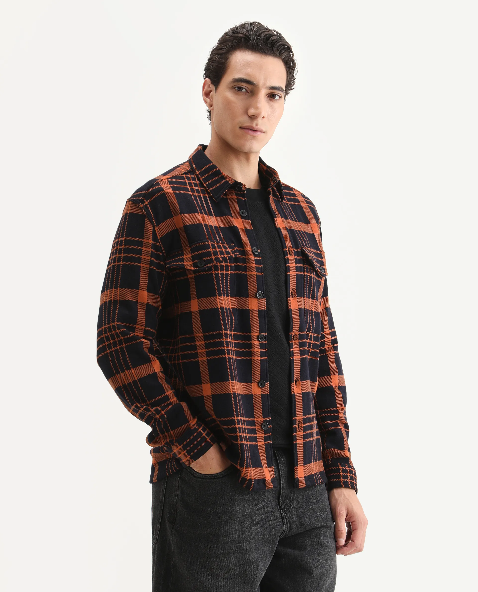 Rare Rabbit Men's Vega Black Cotton Checked Print Relaxed Fit Full Sleeve Collared Shacket - Image 5