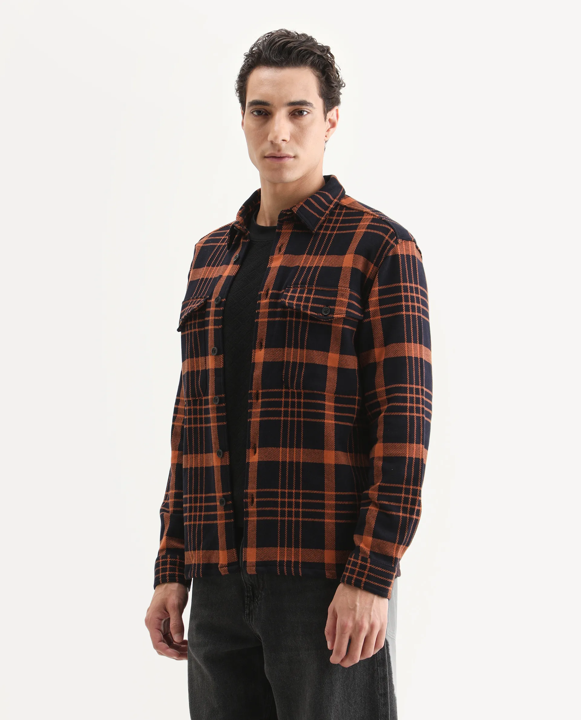Rare Rabbit Men's Vega Black Cotton Checked Print Relaxed Fit Full Sleeve Collared Shacket - Image 6