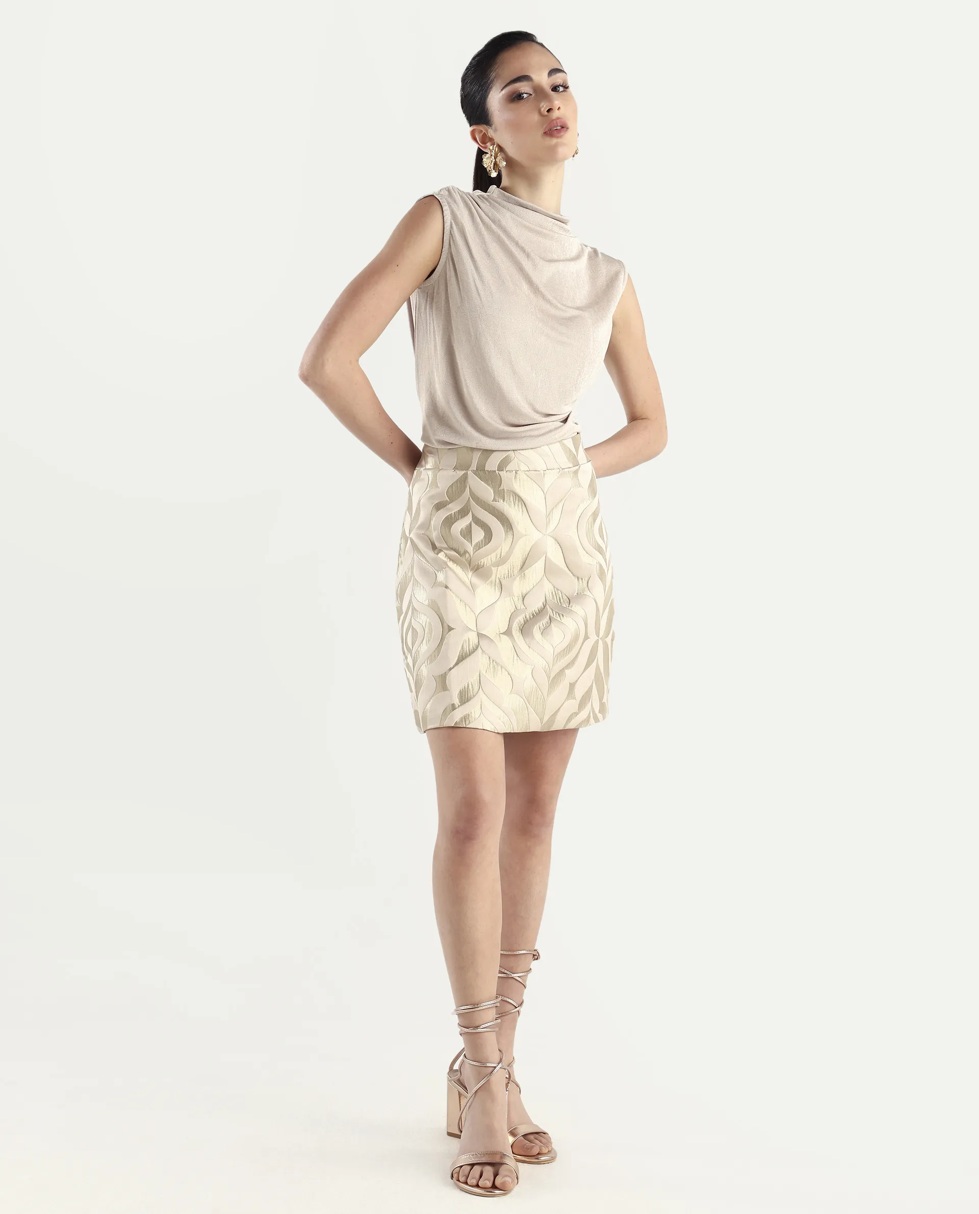 Rareism Women's Vegor B Metallic Gold Polyester Blend Jacquard Mini Regular Fit Skirt - Image 7