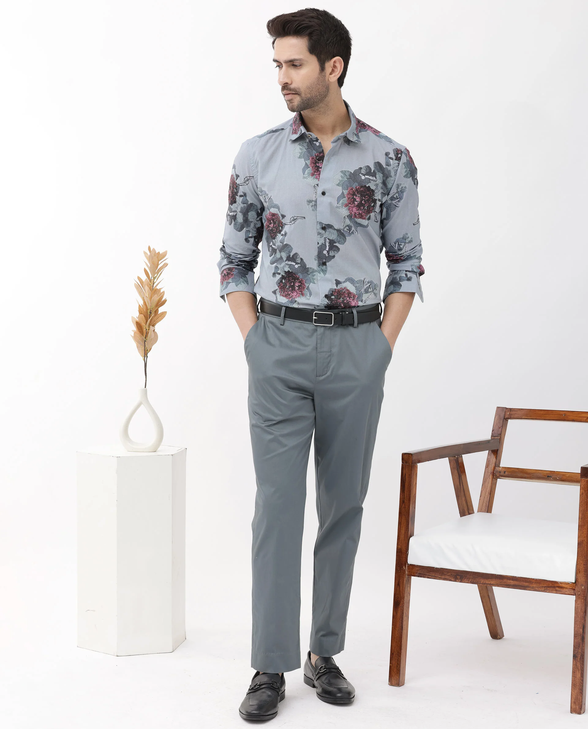 Rare Rabbit Men's Velem Grey Viscose Floral Print Regular Fit Full Sleeve Collared Shirt - Image 2