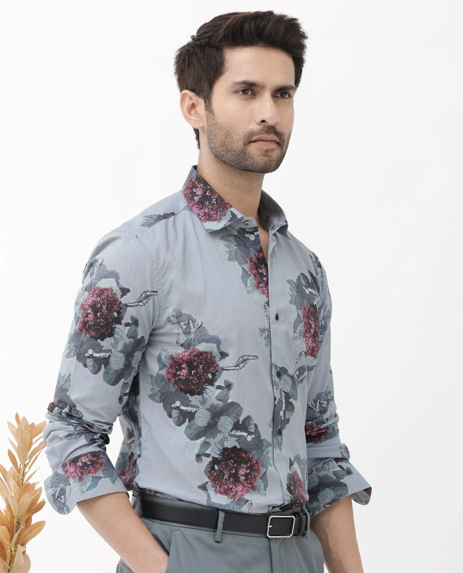 Rare Rabbit Men's Velem Grey Viscose Floral Print Regular Fit Full Sleeve Collared Shirt - Image 4