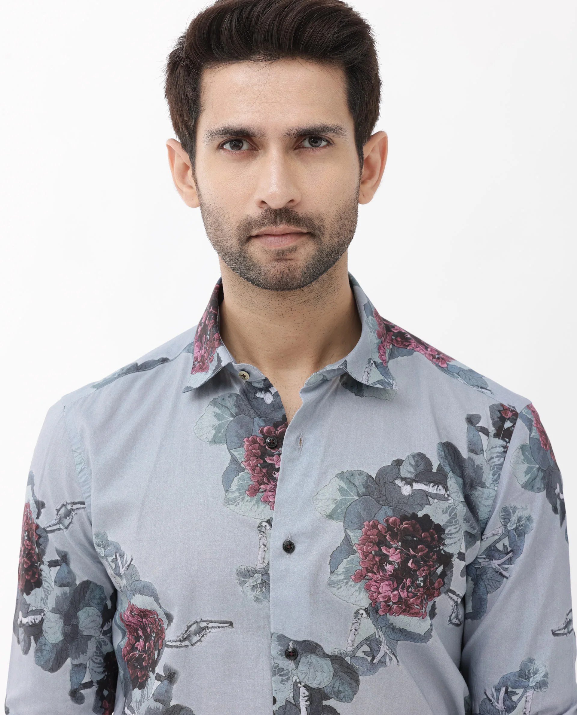 Rare Rabbit Men's Velem Grey Viscose Floral Print Regular Fit Full Sleeve Collared Shirt - Image 5