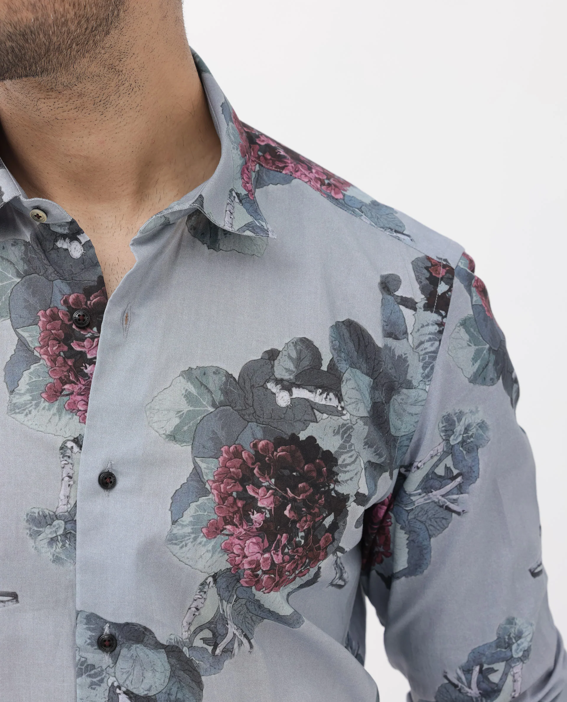Rare Rabbit Men's Velem Grey Viscose Floral Print Regular Fit Full Sleeve Collared Shirt - Image 6