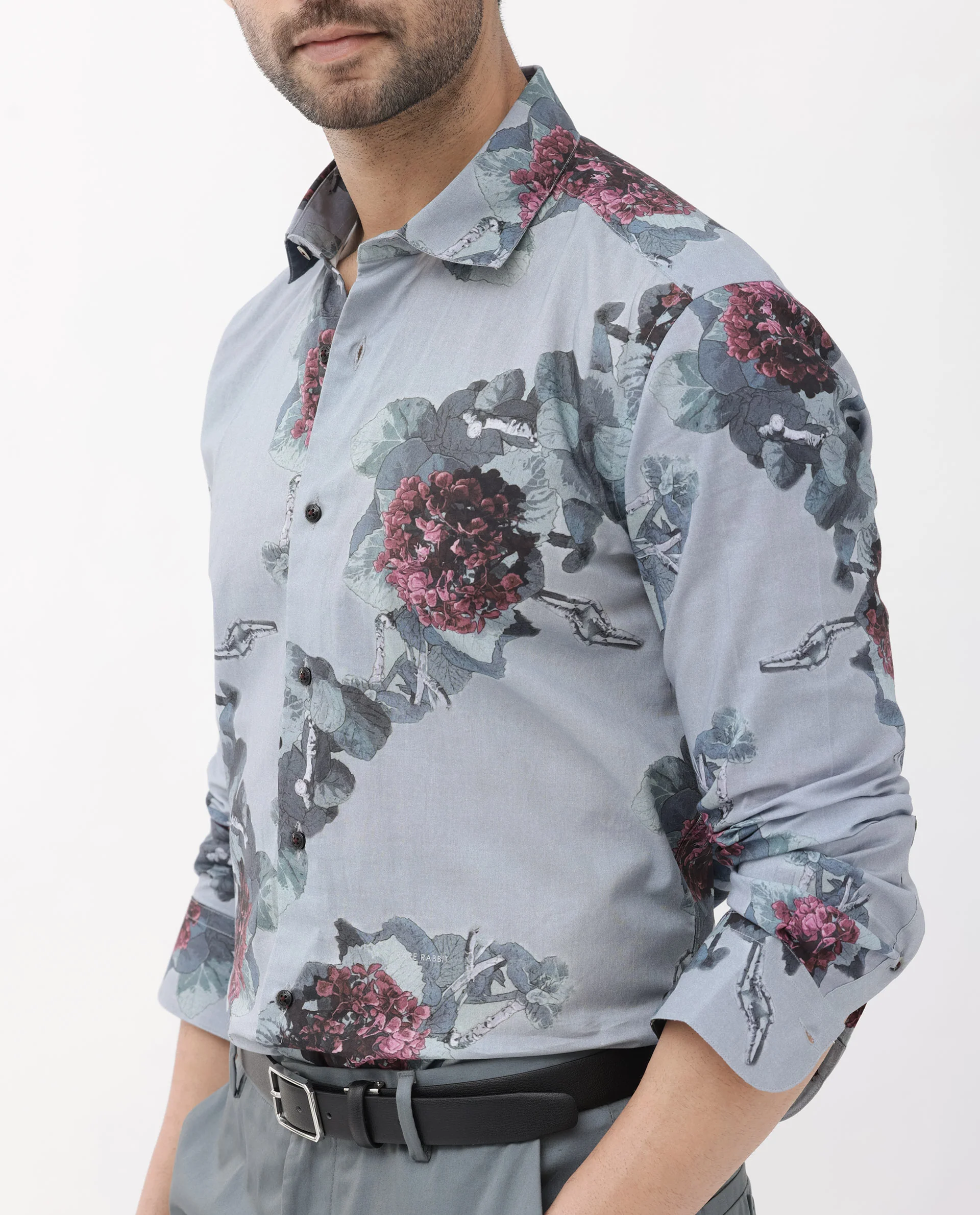Rare Rabbit Men's Velem Grey Viscose Floral Print Regular Fit Full Sleeve Collared Shirt - Image 7