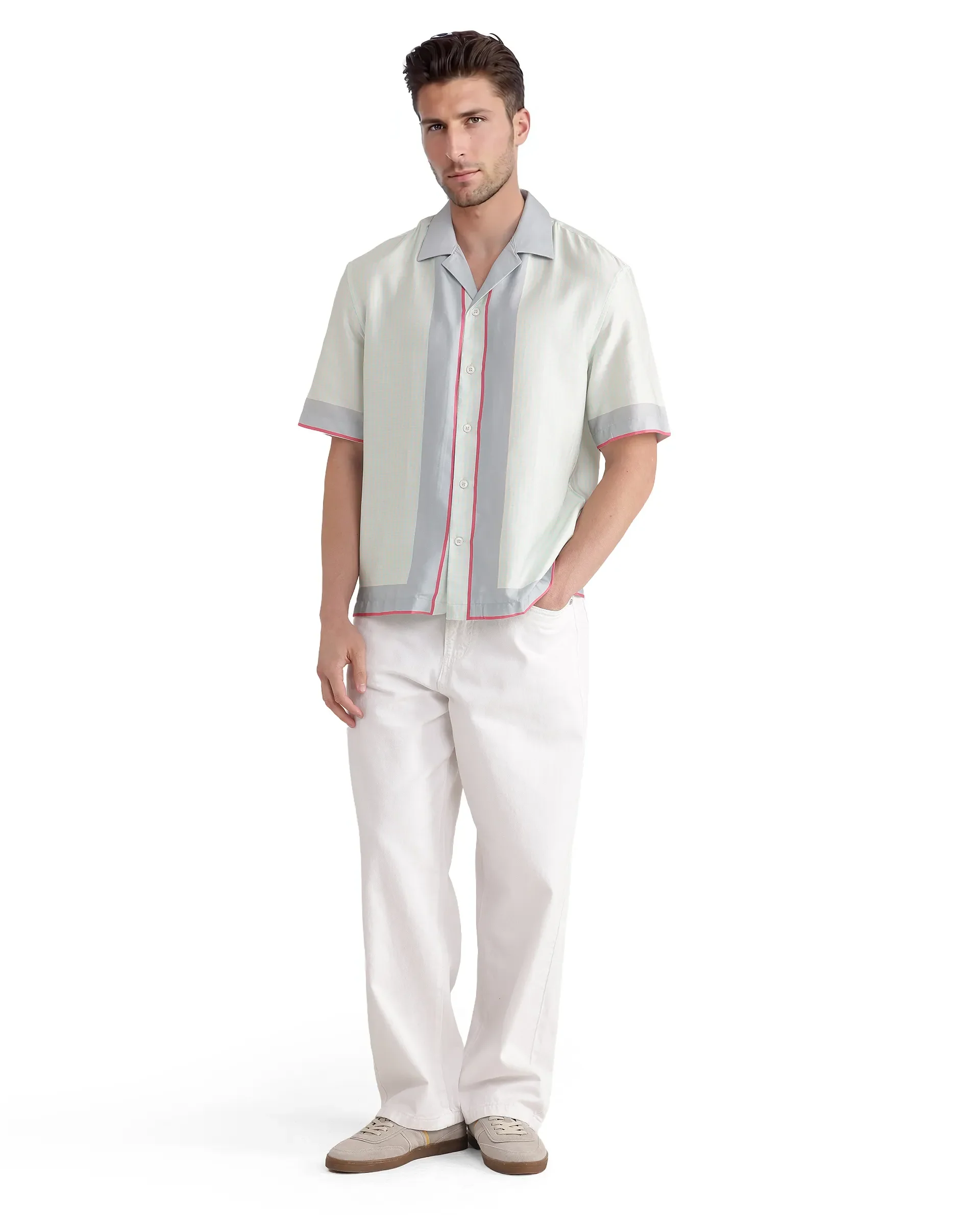 Rare Rabbit Men's Velix Blue Cotton Blend Houndstooth Print Boxy Fit Half Sleeve Cuban Collar Shirt - Image 2