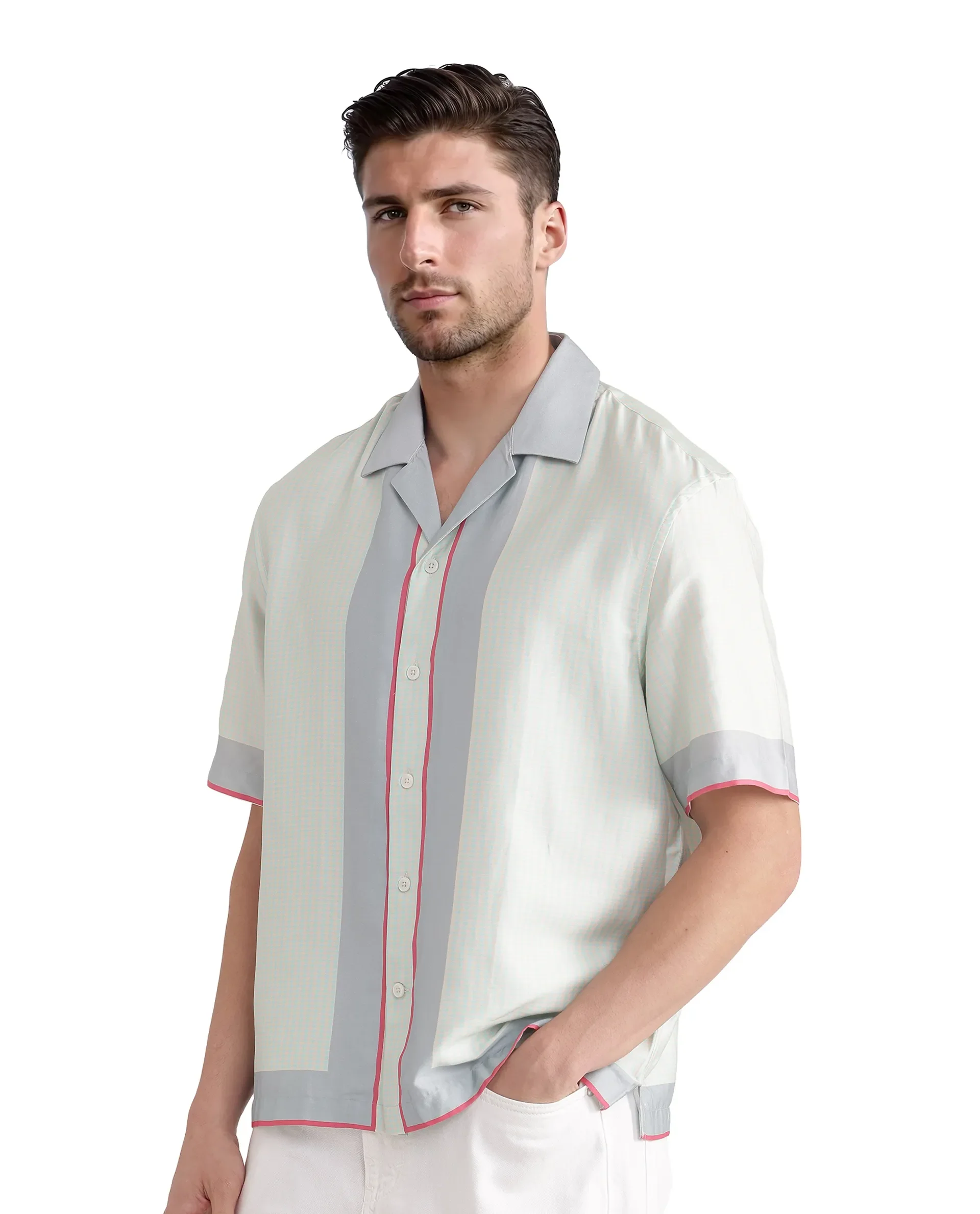 Rare Rabbit Men's Velix Blue Cotton Blend Houndstooth Print Boxy Fit Half Sleeve Cuban Collar Shirt - Image 4