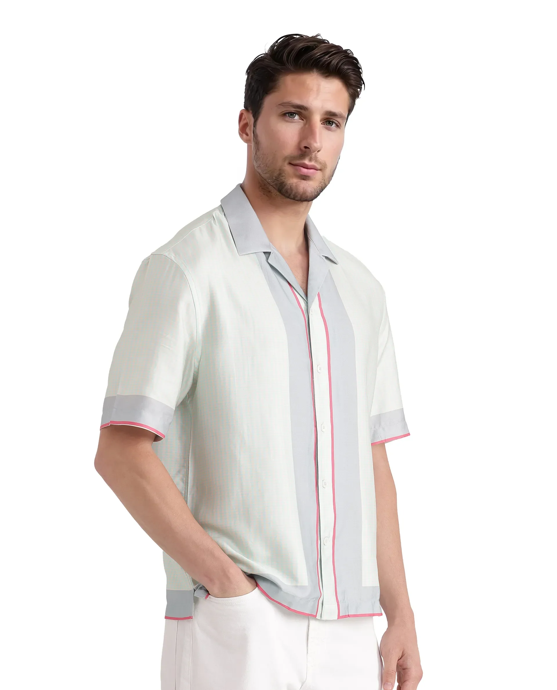 Rare Rabbit Men's Velix Blue Cotton Blend Houndstooth Print Boxy Fit Half Sleeve Cuban Collar Shirt - Image 5