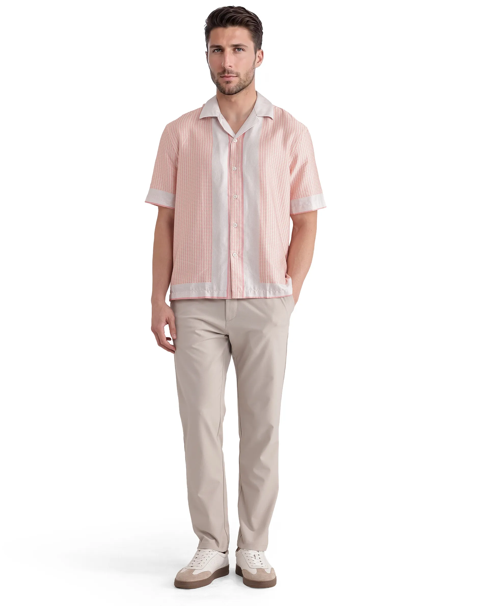 Rare Rabbit Men's Velix Light Pink Cotton Blend Houndstooth Print Boxy Fit Half Sleeve Collared Shirt - Image 2