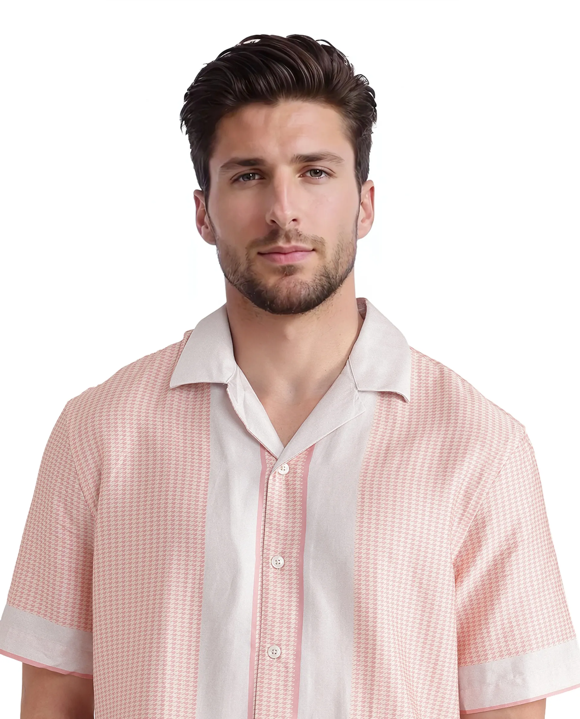 Rare Rabbit Men's Velix Light Pink Cotton Blend Houndstooth Print Boxy Fit Half Sleeve Collared Shirt - Image 3