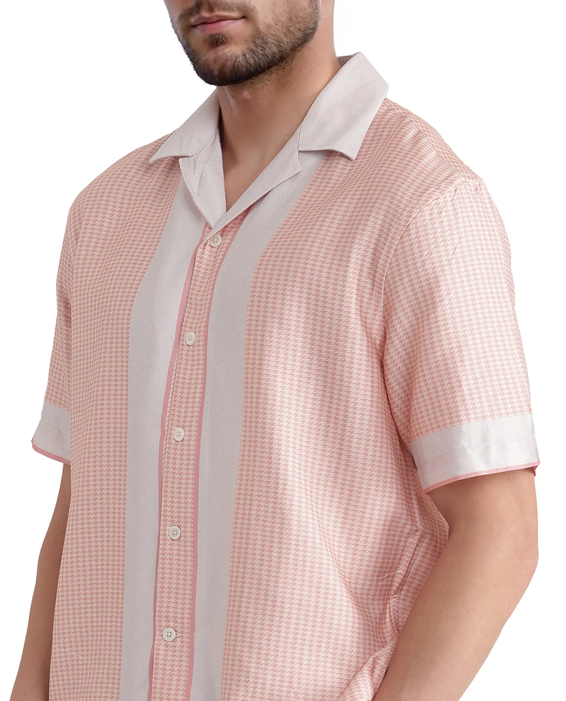 Rare Rabbit Men's Velix Light Pink Cotton Blend Houndstooth Print Boxy Fit Half Sleeve Collared Shirt - Image 4