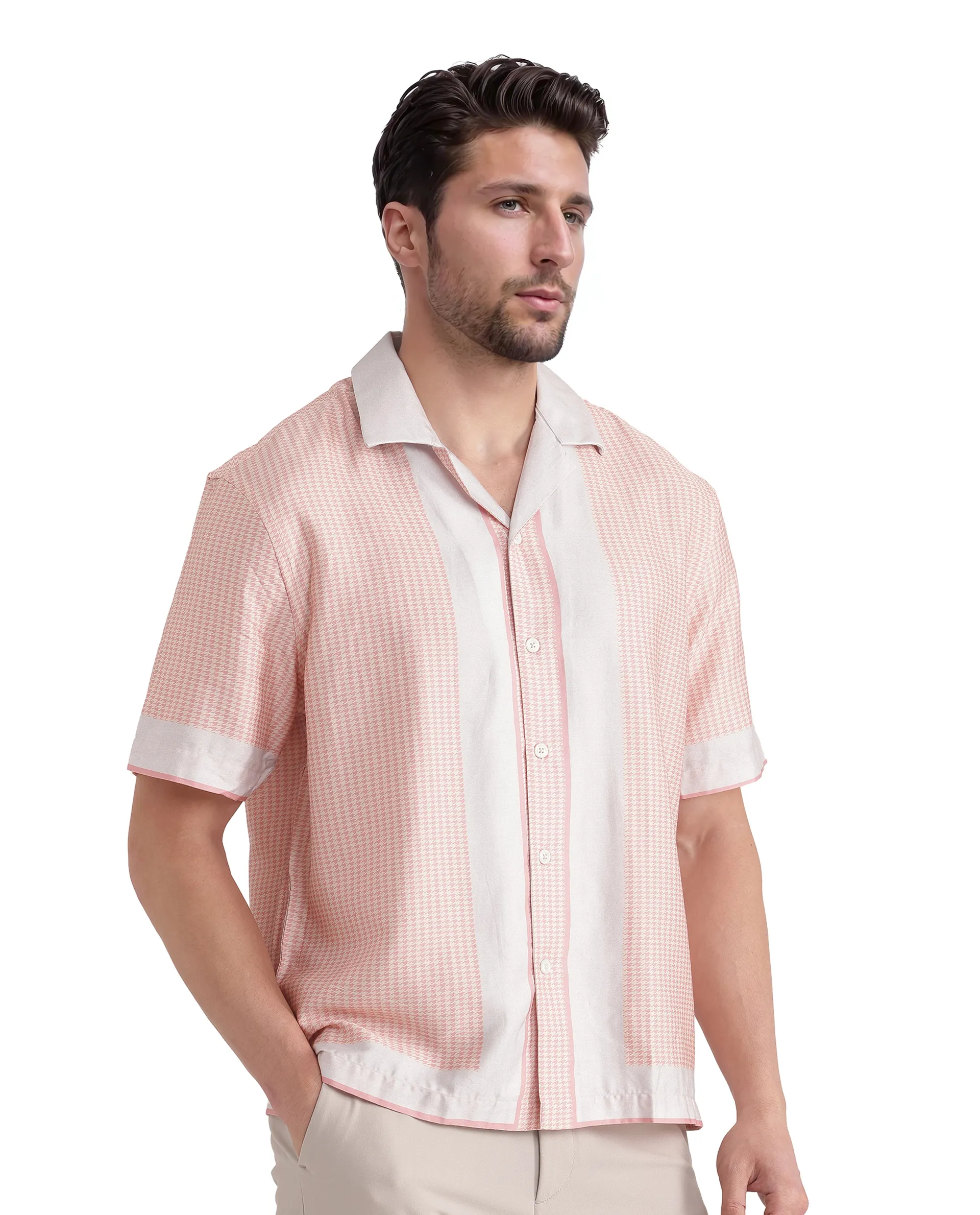Rare Rabbit Men's Velix Light Pink Cotton Blend Houndstooth Print Boxy Fit Half Sleeve Collared Shirt - Image 5