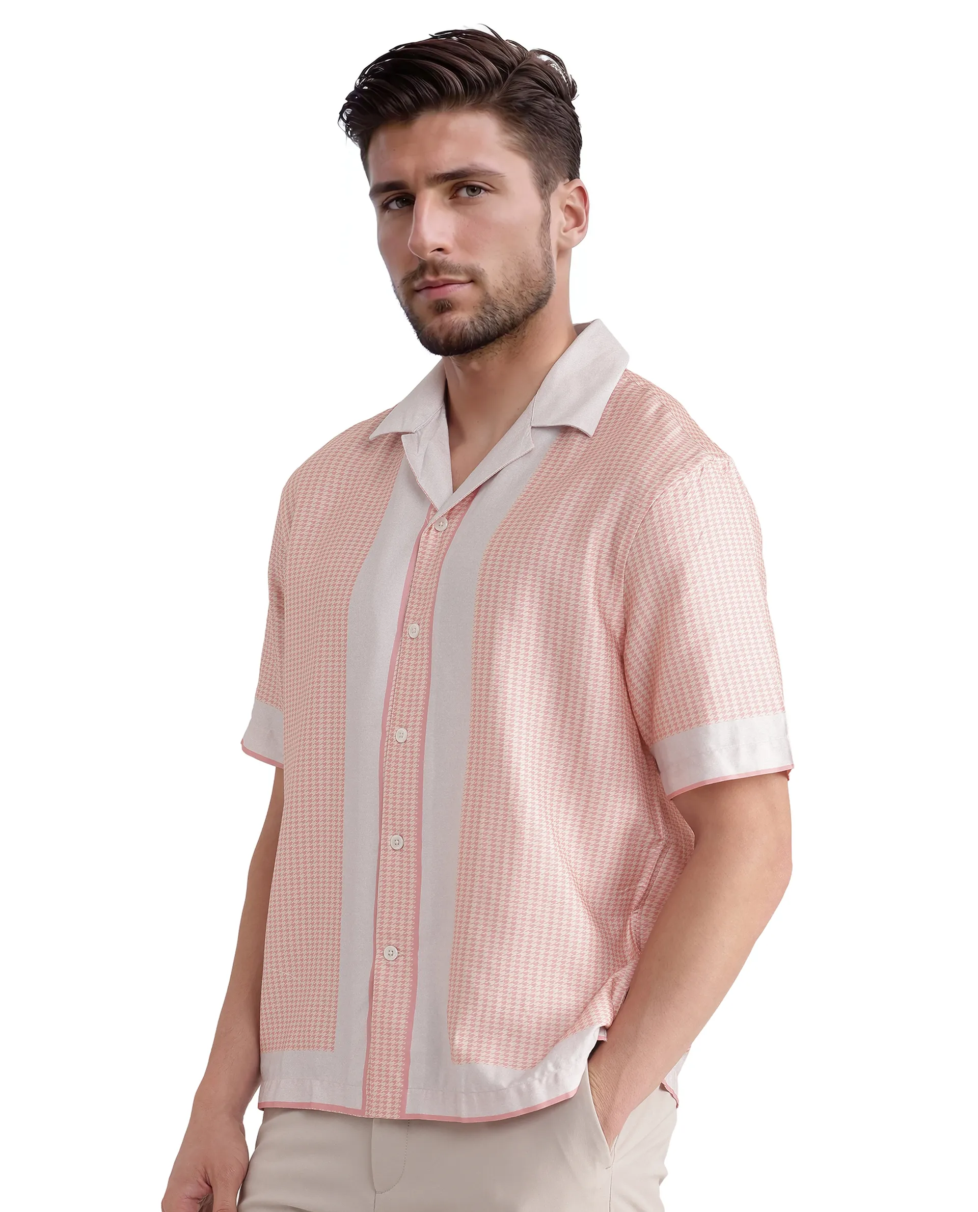 Rare Rabbit Men's Velix Light Pink Cotton Blend Houndstooth Print Boxy Fit Half Sleeve Collared Shirt - Image 6