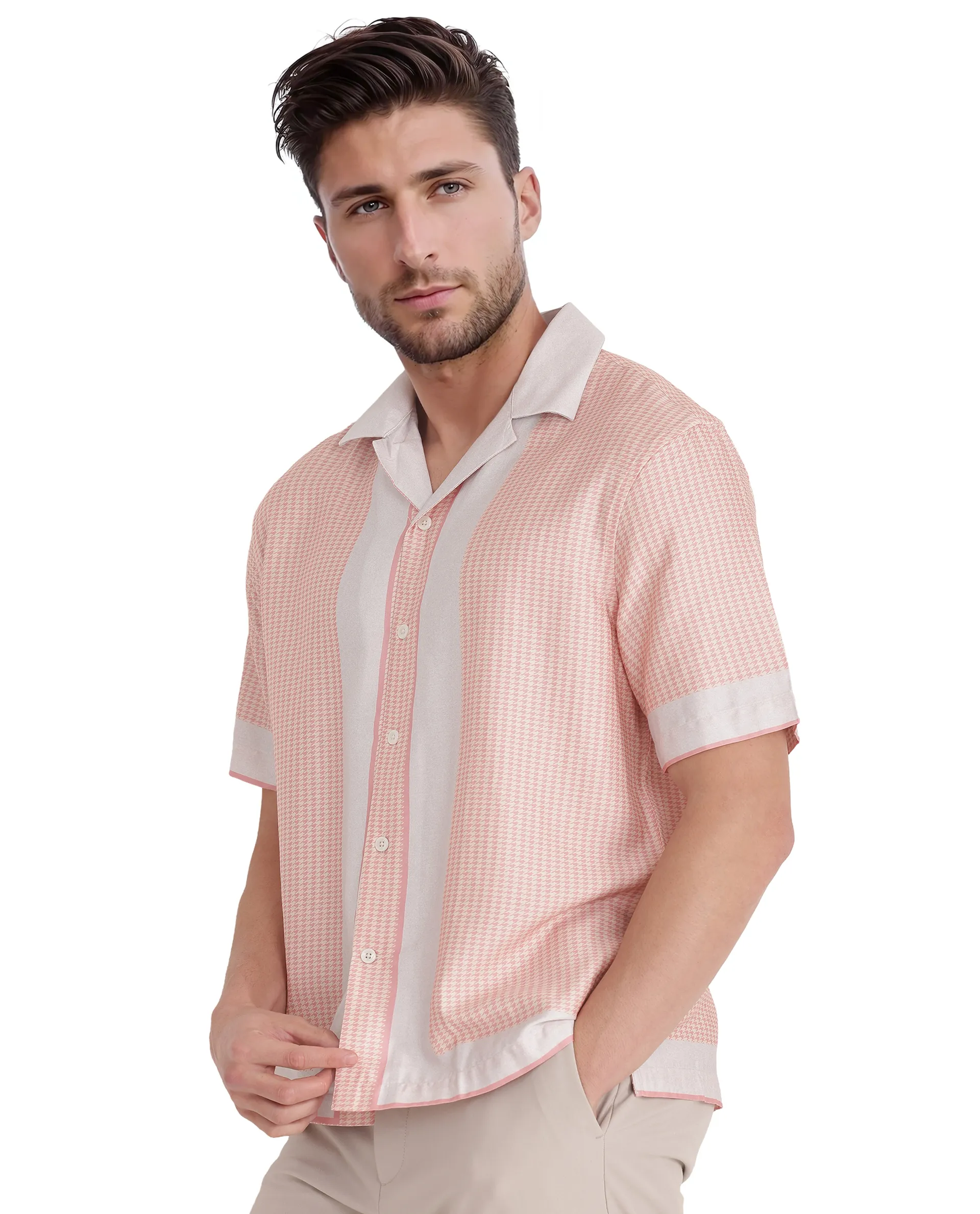 Rare Rabbit Men's Velix Light Pink Cotton Blend Houndstooth Print Boxy Fit Half Sleeve Collared Shirt - Image 7