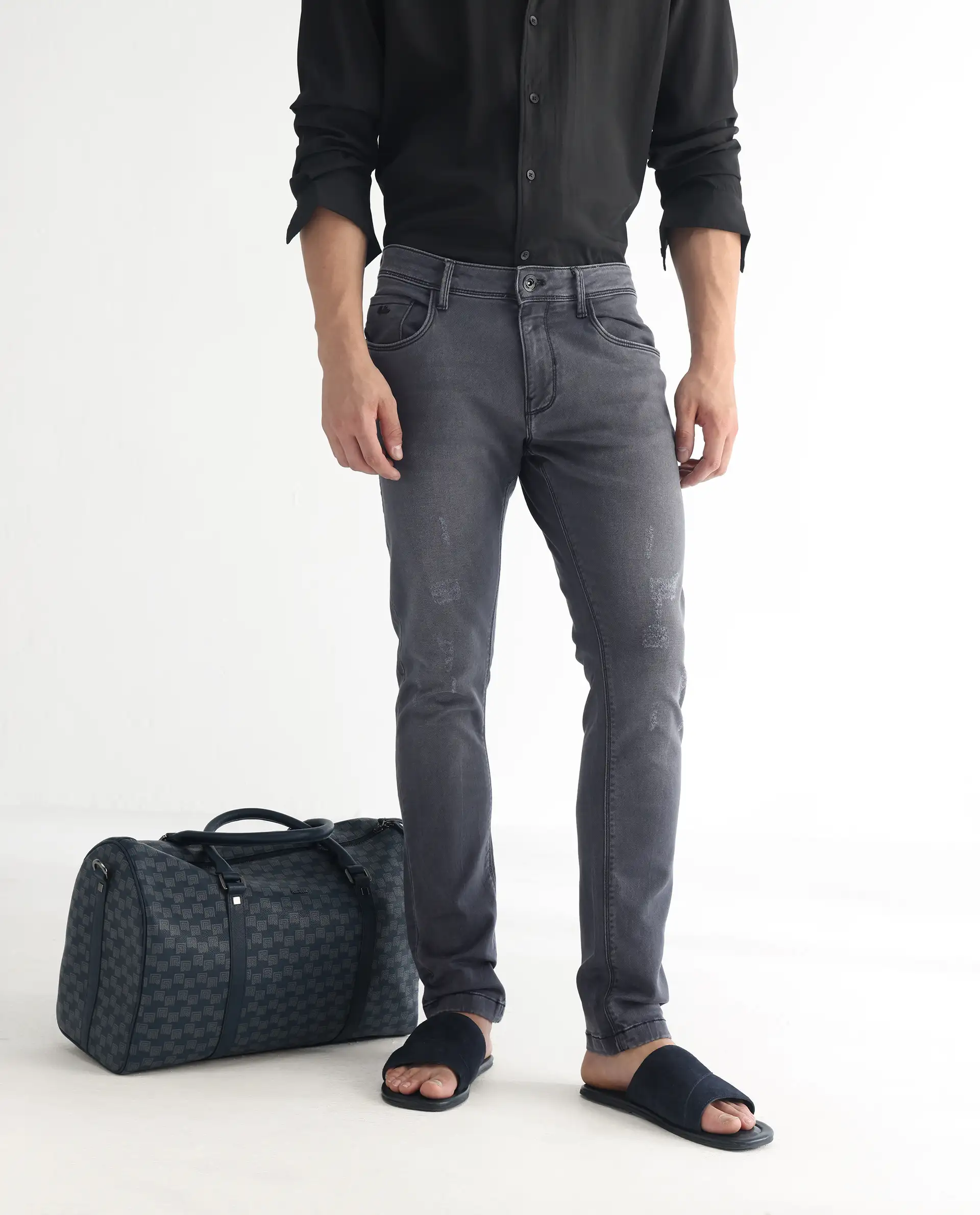Rare Rabbit Men's Velles Dark Grey Cotton Plain Hawk Slim Fit Jeans - Image 2