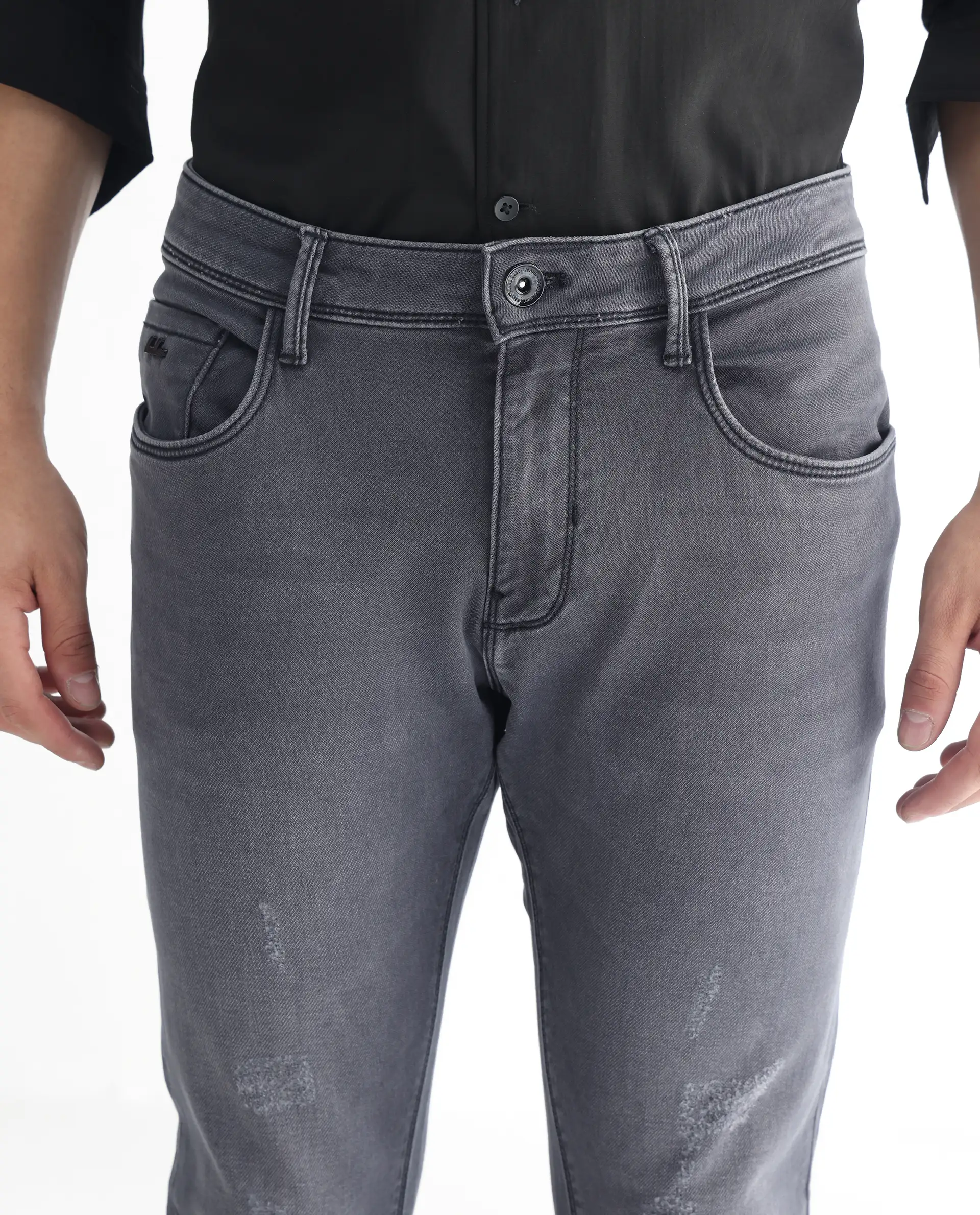Rare Rabbit Men's Velles Dark Grey Cotton Plain Hawk Slim Fit Jeans - Image 3