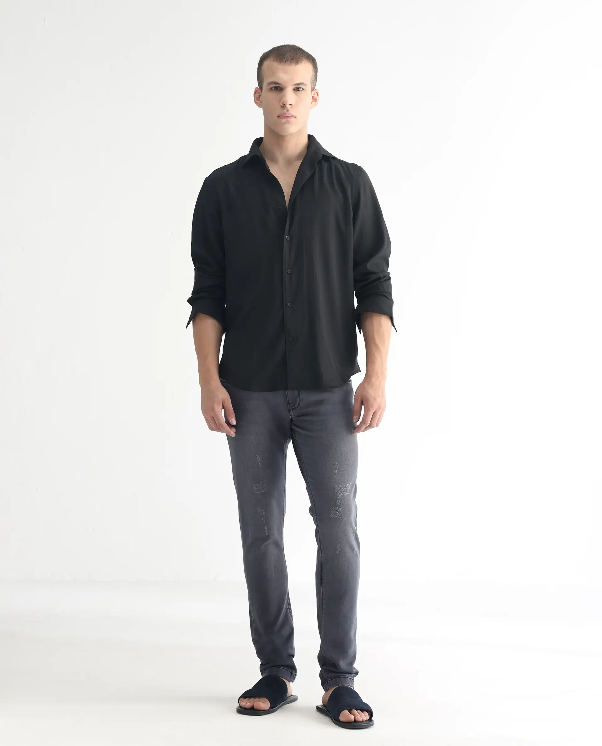 Rare Rabbit Men's Velles Dark Grey Cotton Plain Hawk Slim Fit Jeans - Image 4