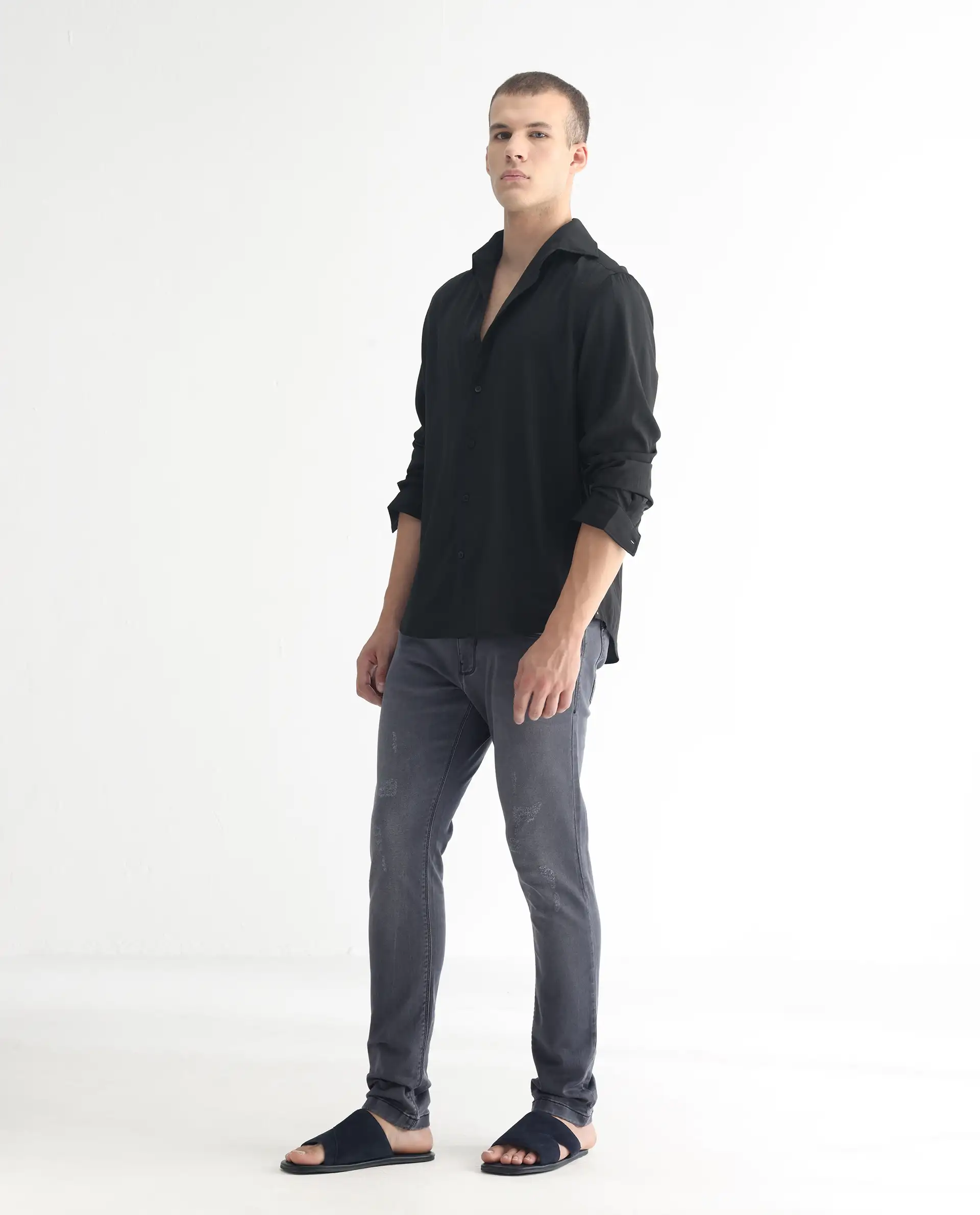 Rare Rabbit Men's Velles Dark Grey Cotton Plain Hawk Slim Fit Jeans - Image 5