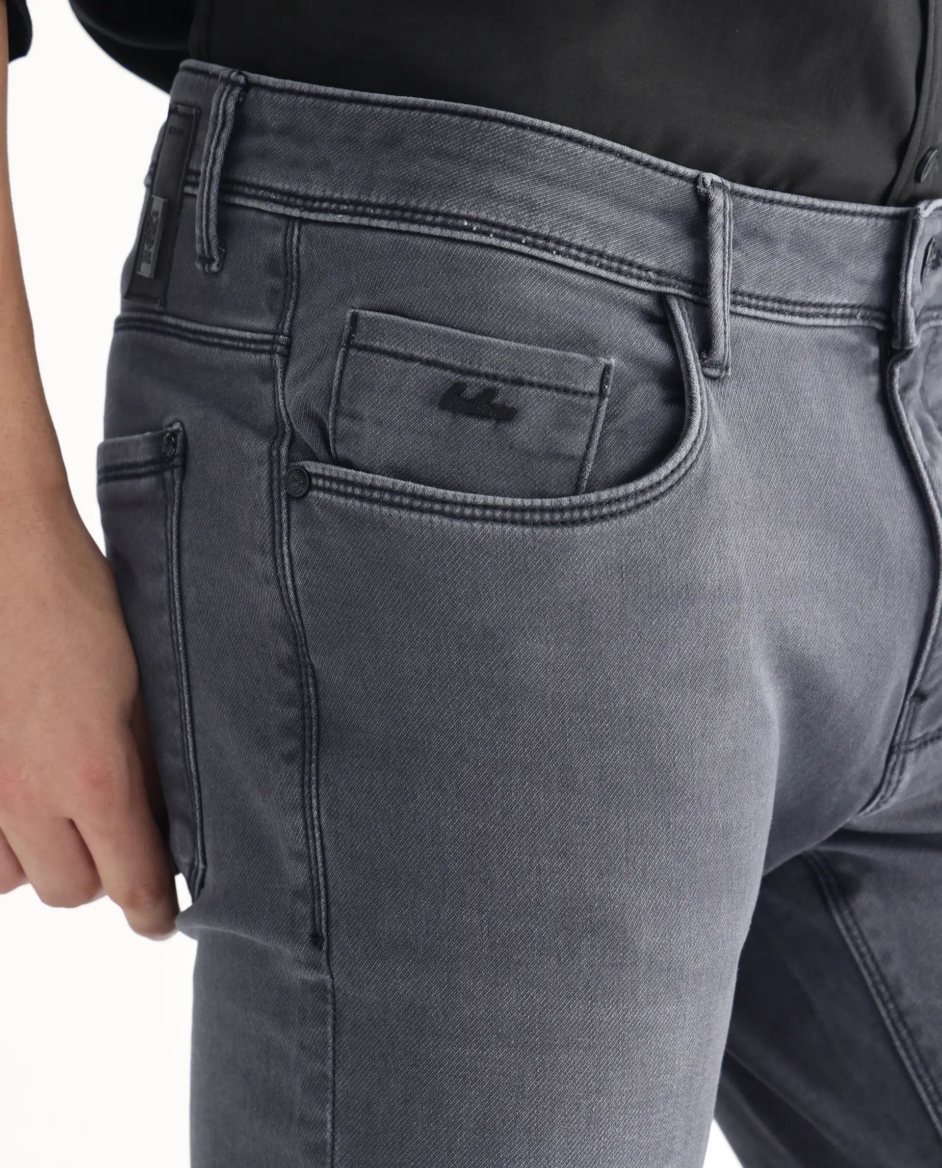 Rare Rabbit Men's Velles Dark Grey Cotton Plain Hawk Slim Fit Jeans - Image 7
