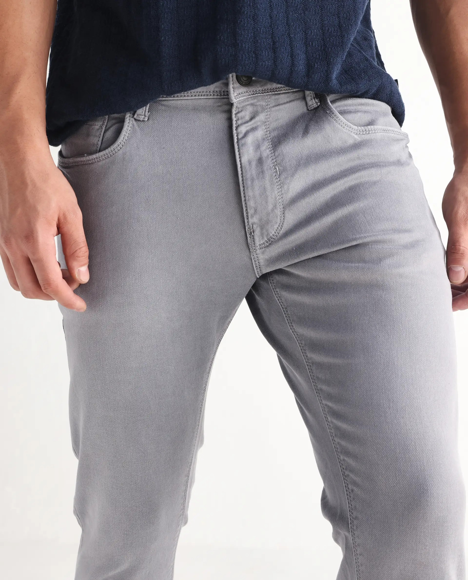 Rare Rabbit Men's Velles Light Grey Cotton Plain Hawk Slim Fit Jeans - Image 2