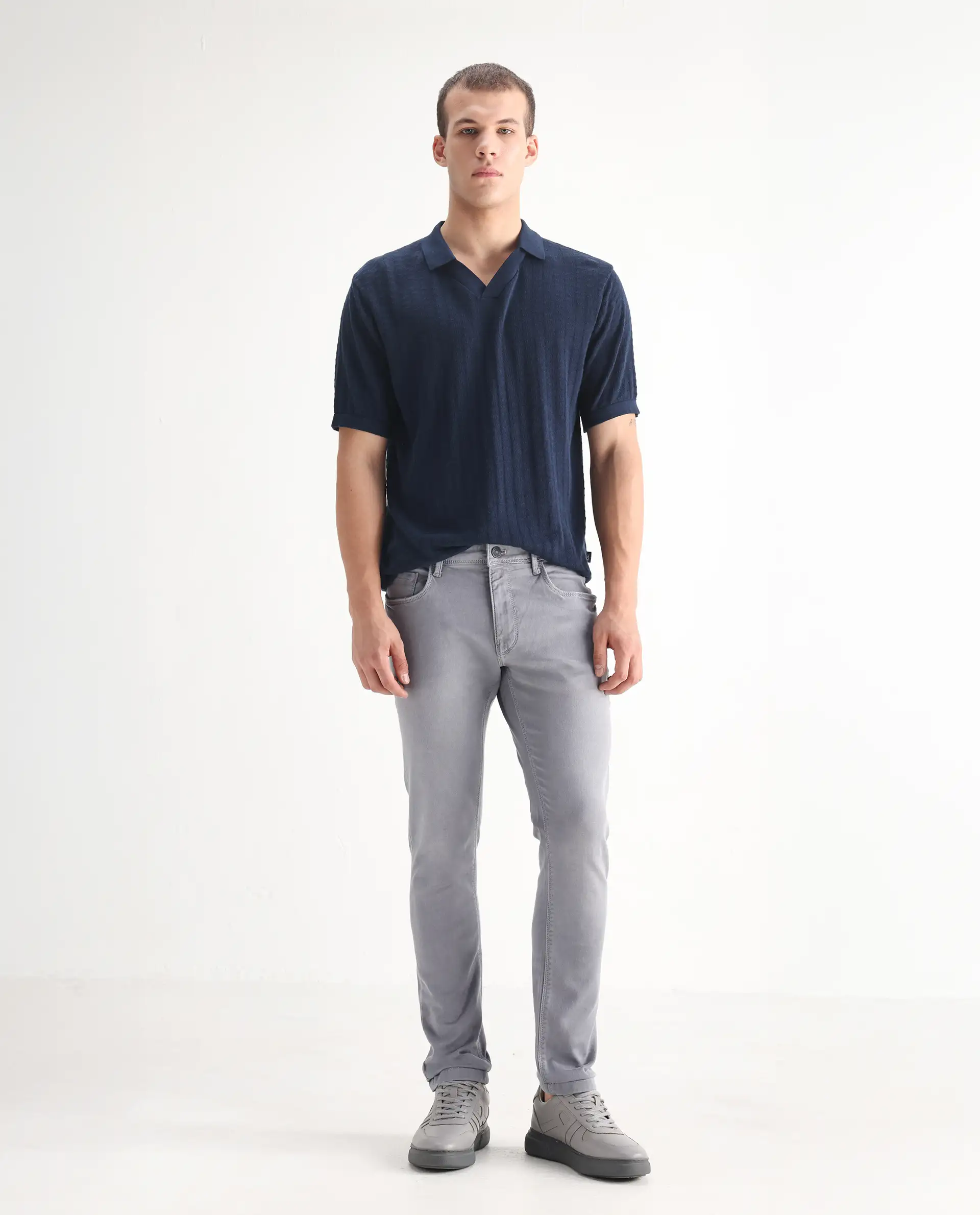 Rare Rabbit Men's Velles Light Grey Cotton Plain Hawk Slim Fit Jeans - Image 3