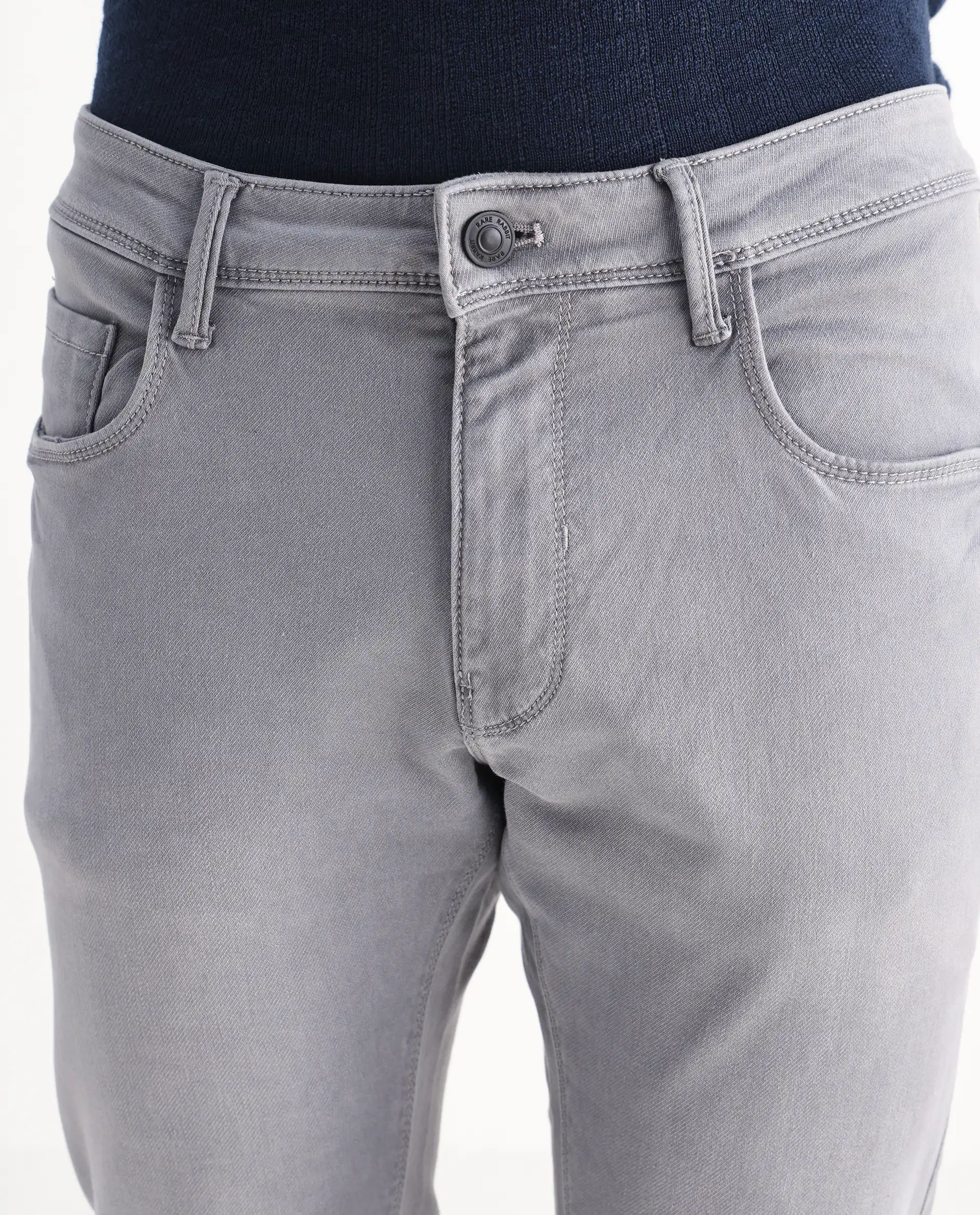 Rare Rabbit Men's Velles Light Grey Cotton Plain Hawk Slim Fit Jeans - Image 4