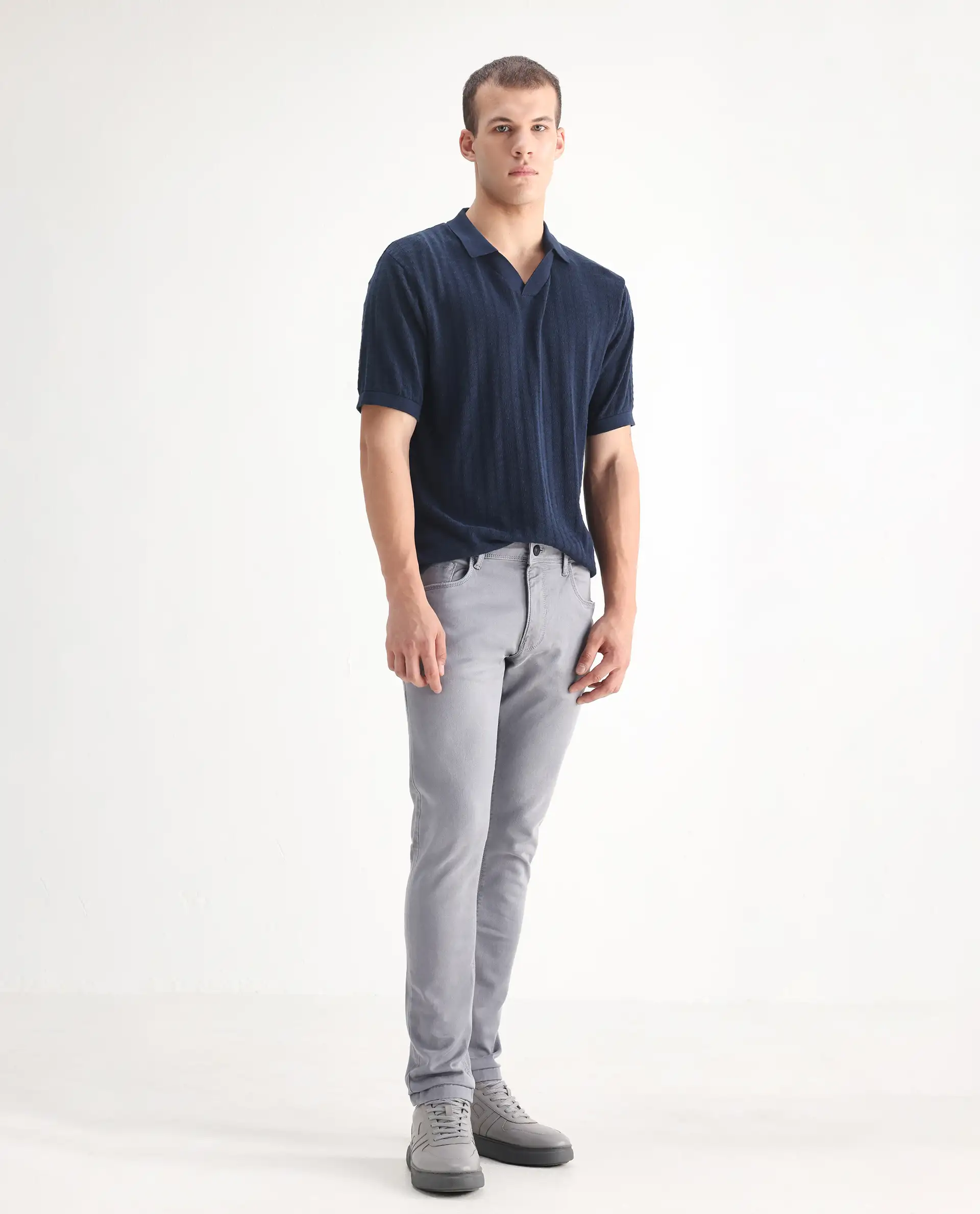 Rare Rabbit Men's Velles Light Grey Cotton Plain Hawk Slim Fit Jeans - Image 5