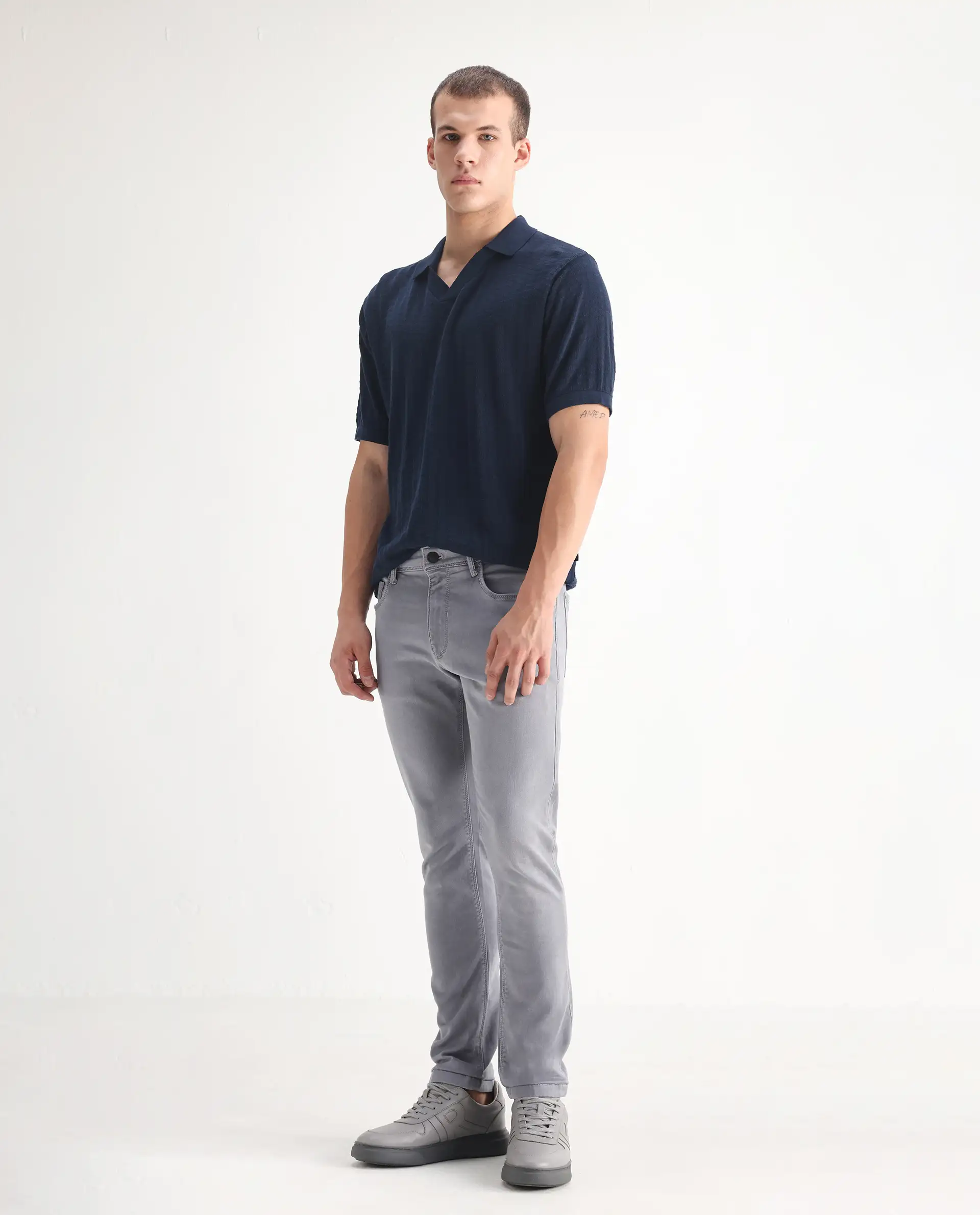 Rare Rabbit Men's Velles Light Grey Cotton Plain Hawk Slim Fit Jeans - Image 7