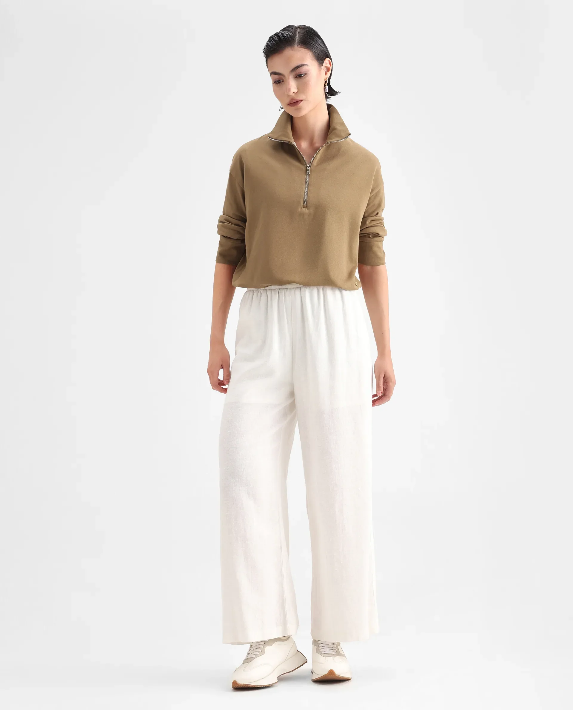 Rareism Women's Velma Dark Beige Nylon Blend High Neck Plain Crop Relaxed Fit Top - Image 2