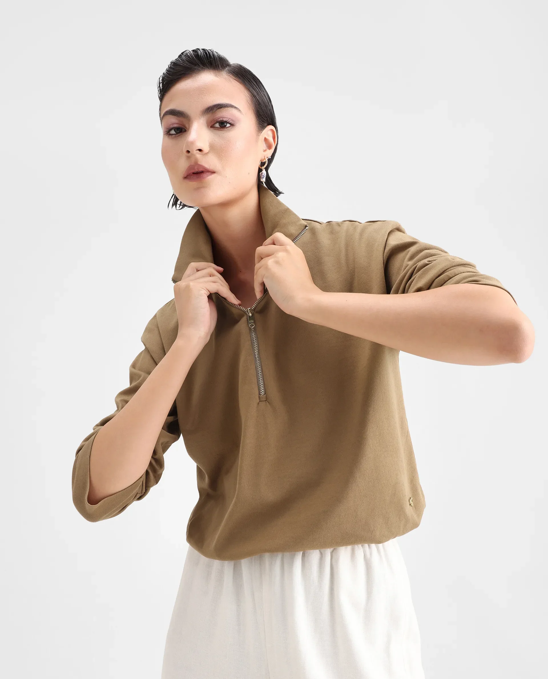 Rareism Women's Velma Dark Beige Nylon Blend High Neck Plain Crop Relaxed Fit Top - Image 3