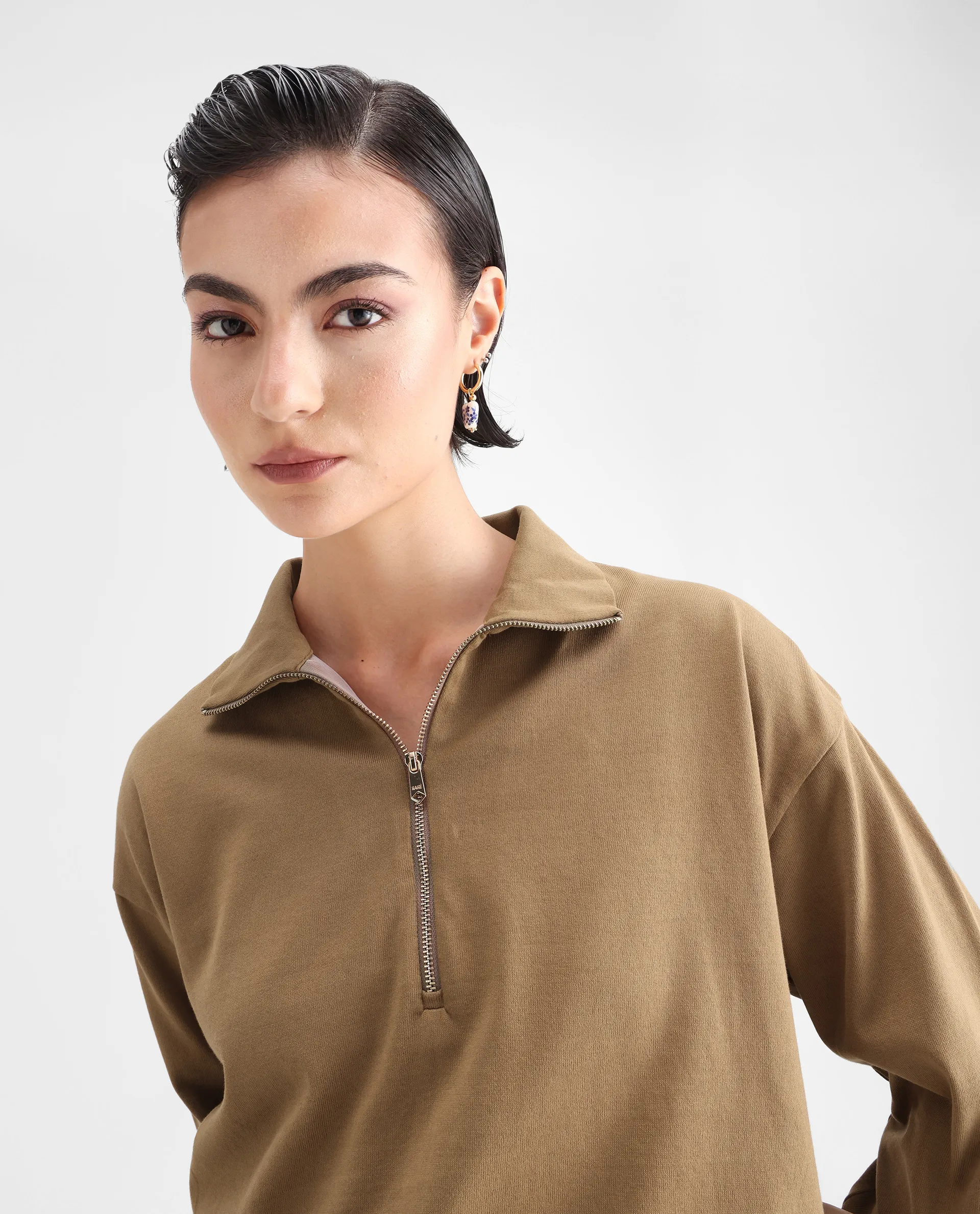 Rareism Women's Velma Dark Beige Nylon Blend High Neck Plain Crop Relaxed Fit Top - Image 4