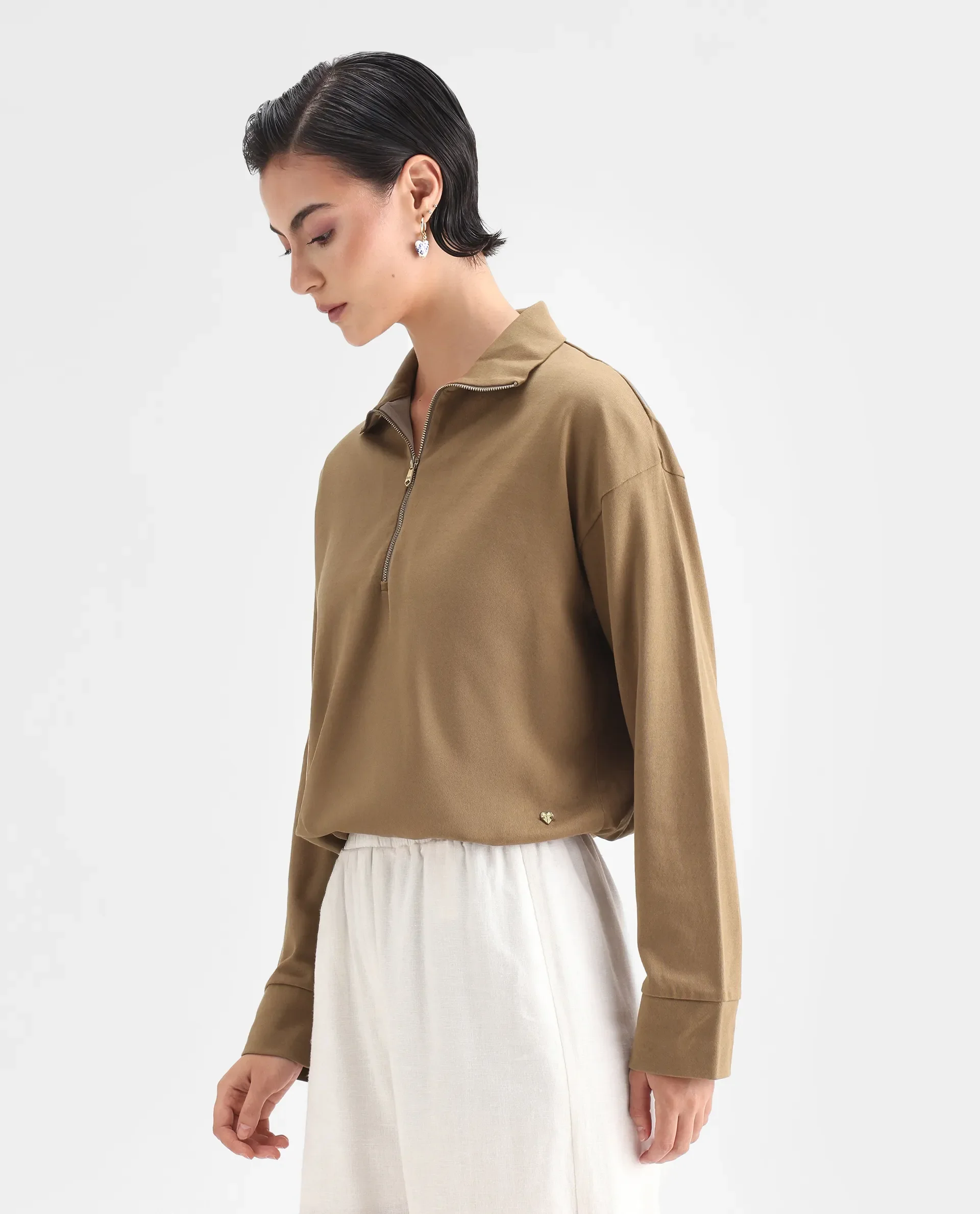 Rareism Women's Velma Dark Beige Nylon Blend High Neck Plain Crop Relaxed Fit Top - Image 5