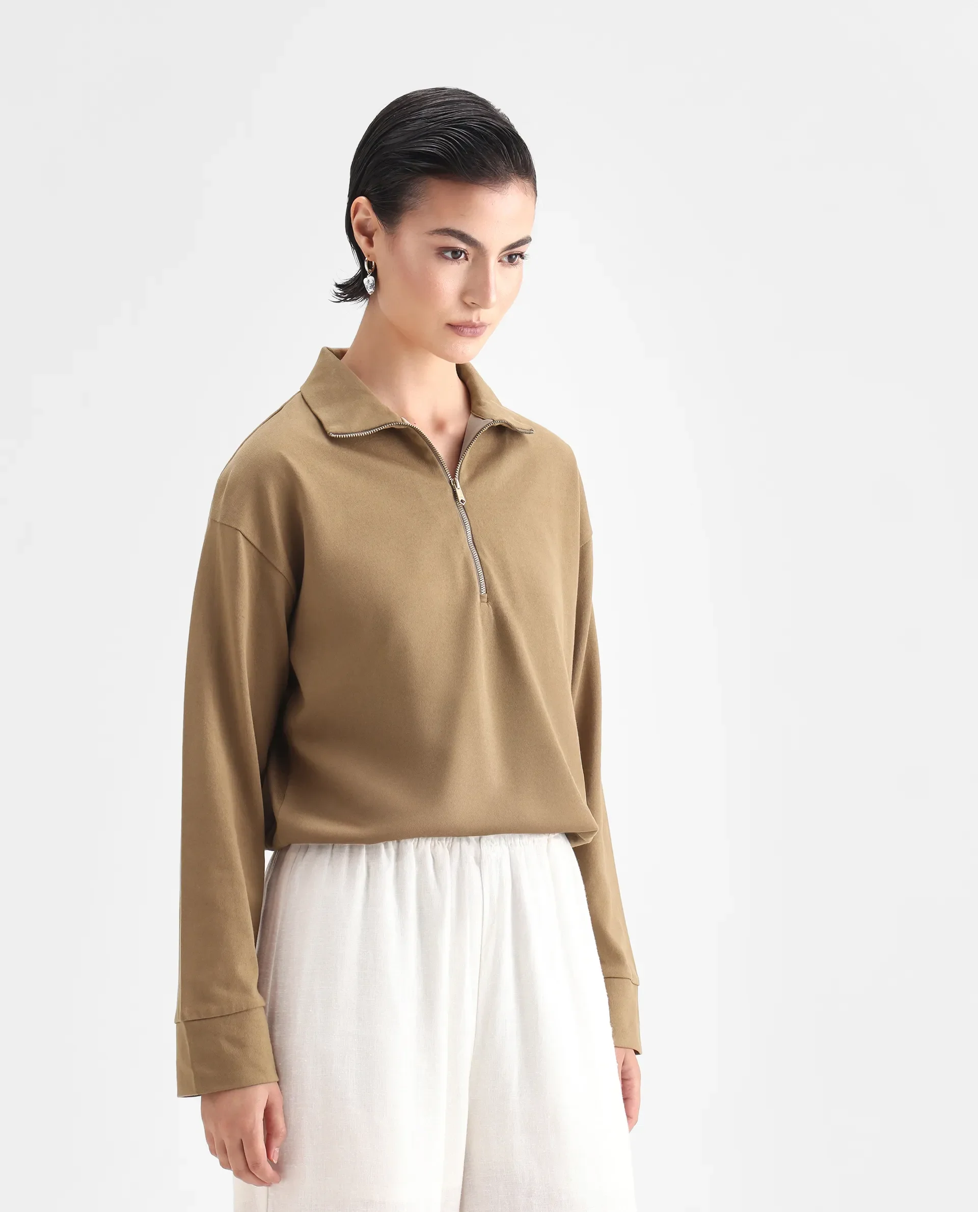 Rareism Women's Velma Dark Beige Nylon Blend High Neck Plain Crop Relaxed Fit Top - Image 6