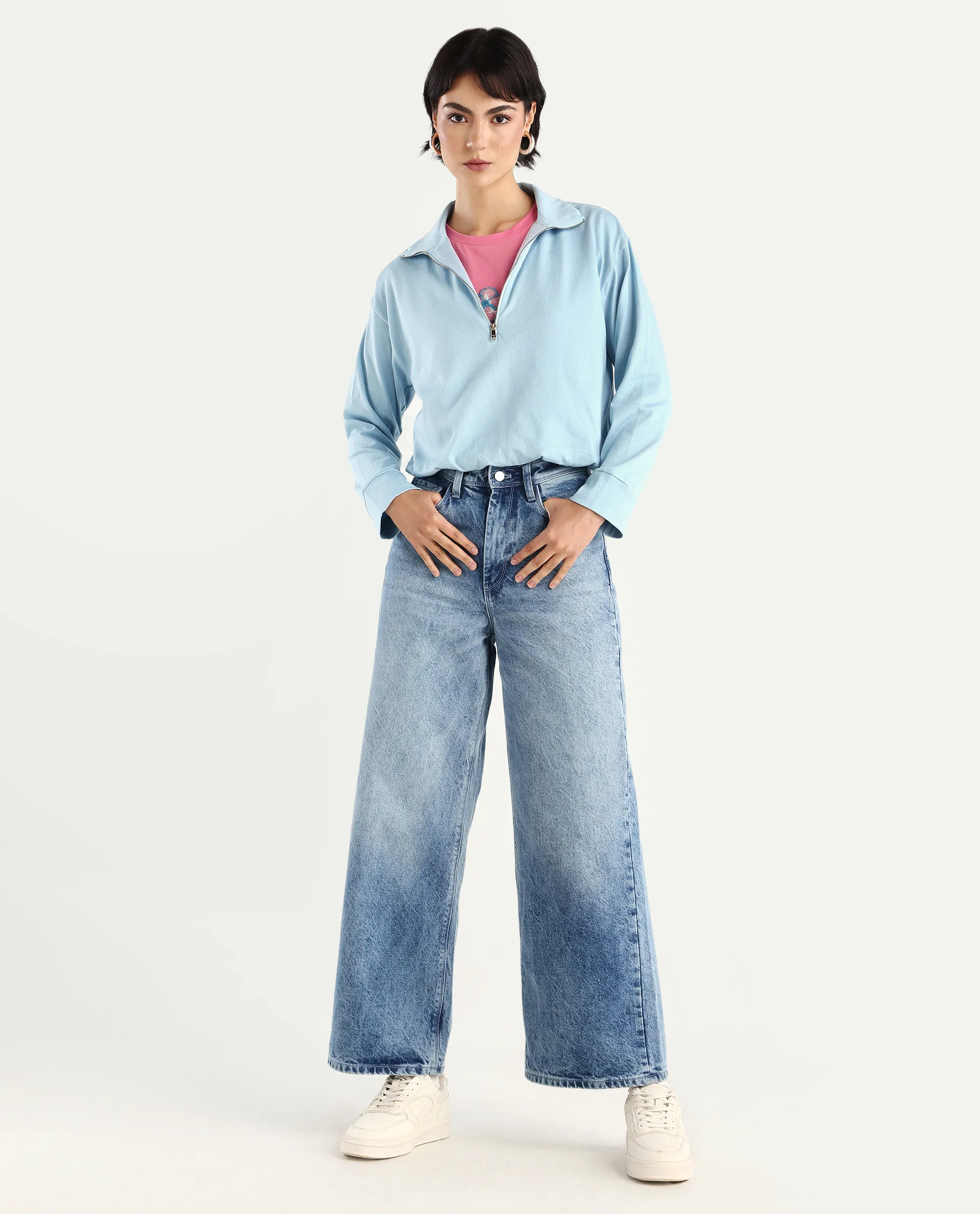 Rareism Women's Velma Light Blue Nylon Blend Drop Collar Plain Crop Relaxed Fit Top - Image 2