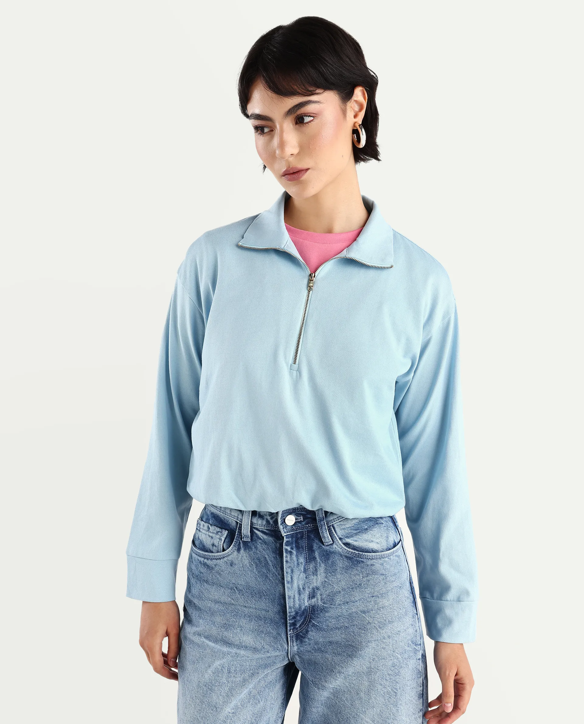 Rareism Women's Velma Light Blue Nylon Blend Drop Collar Plain Crop Relaxed Fit Top - Image 3